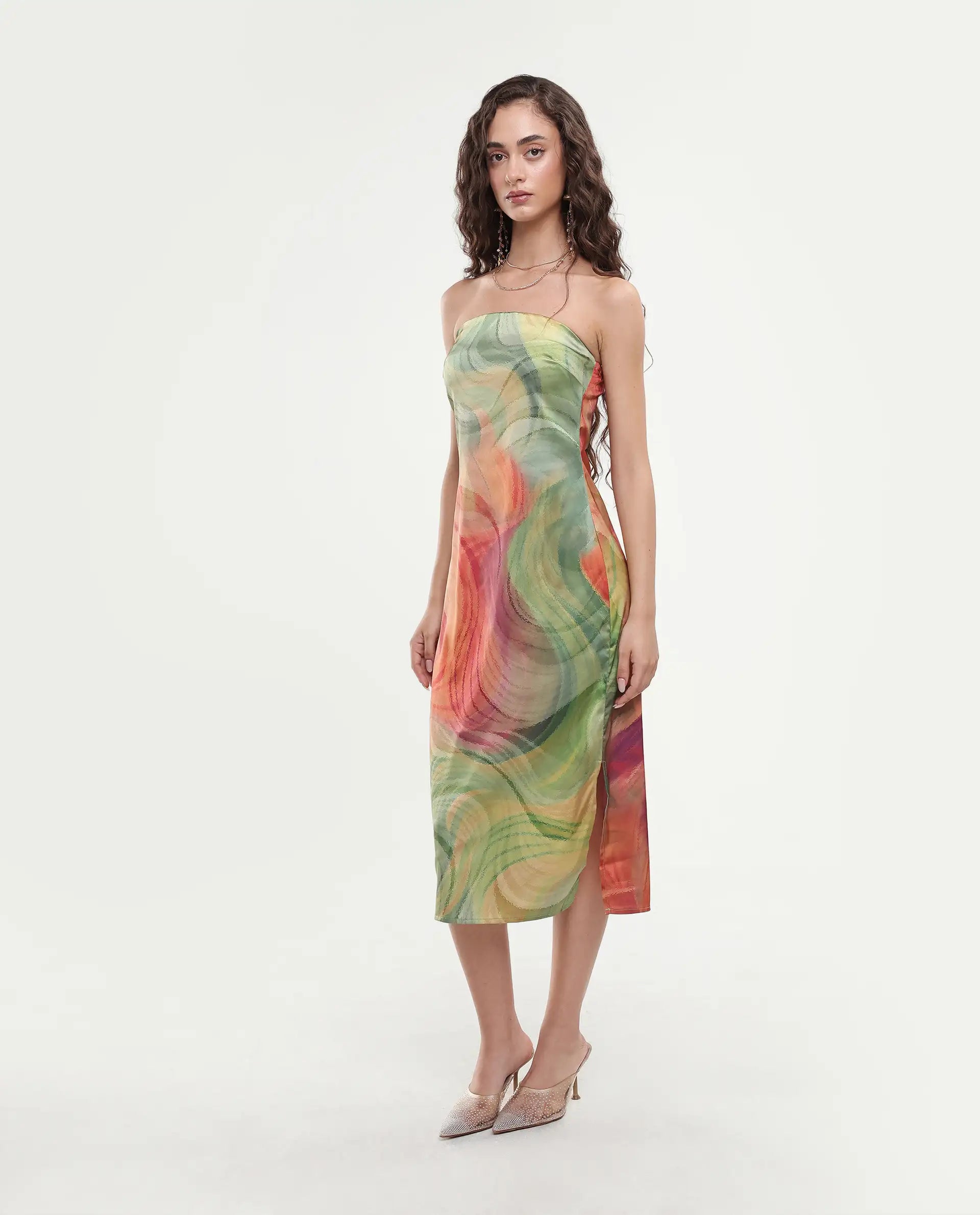 Rareism Women's Mermaid Multi Polyester Shoulder Strap Abstract Print Sleeveless Midi Bodycon Dress