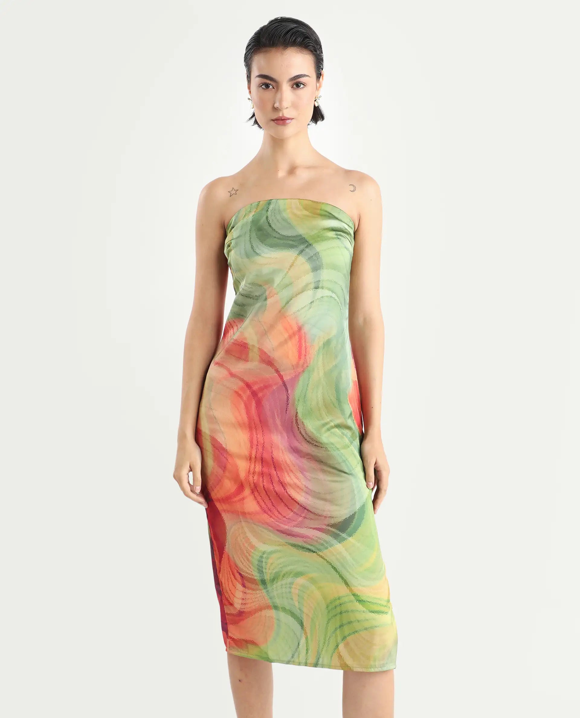 Rareism Women's Mermaid Multi Polyester Shoulder Strap Abstract Print Sleeveless Midi Bodycon Dress