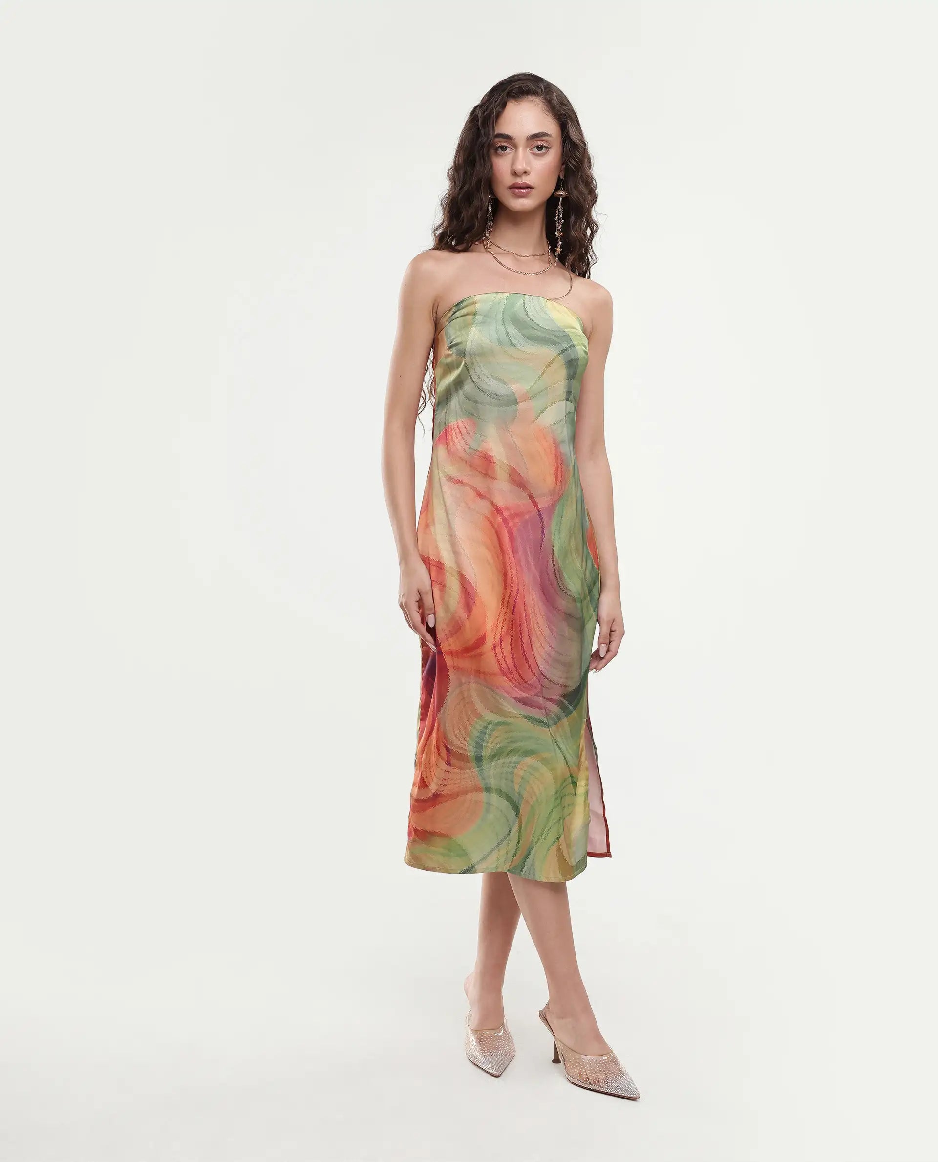 Rareism Women's Mermaid Multi Polyester Shoulder Strap Abstract Print Sleeveless Midi Bodycon Dress