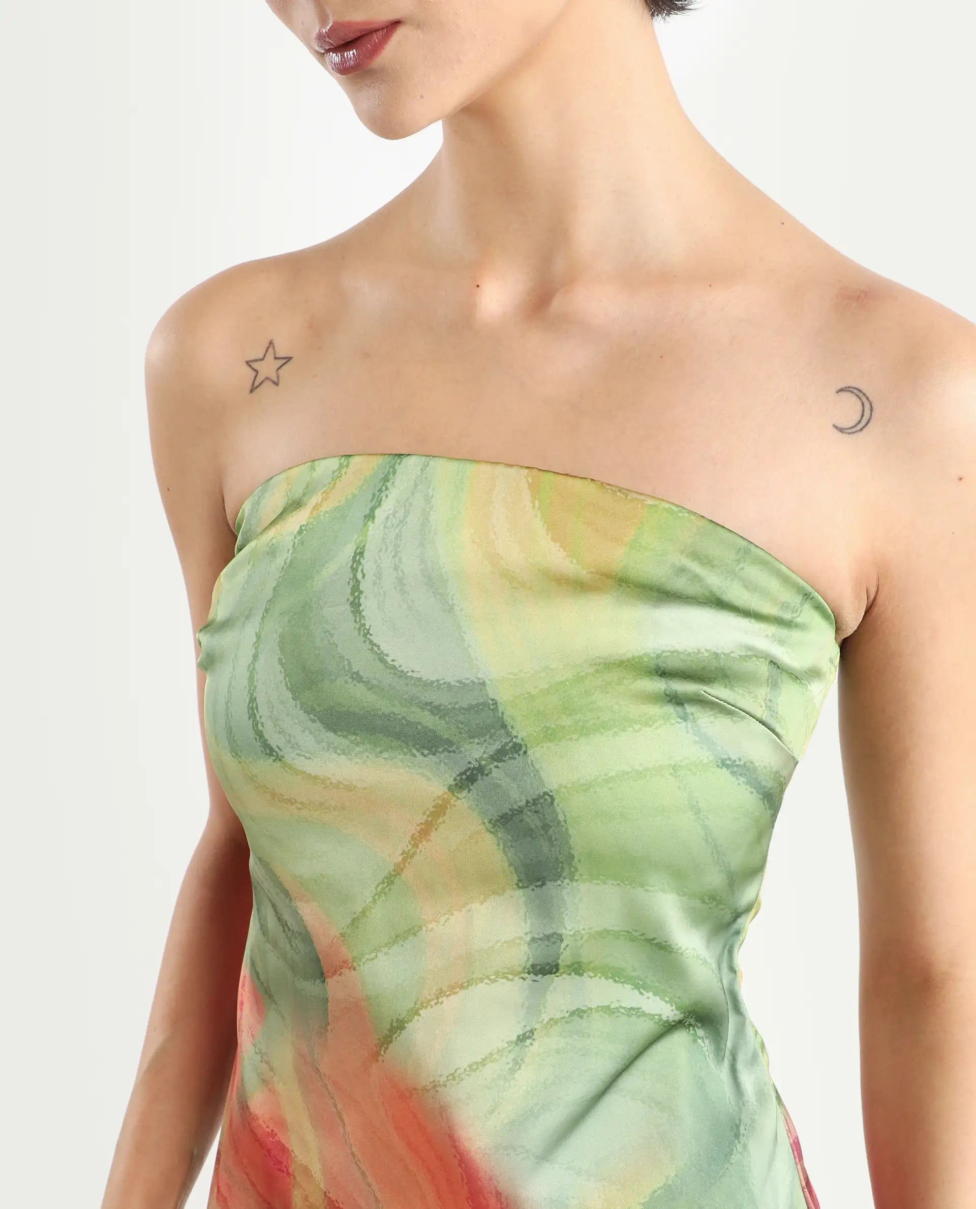 Rareism Women's Mermaid Multi Polyester Shoulder Strap Abstract Print Sleeveless Midi Bodycon Dress