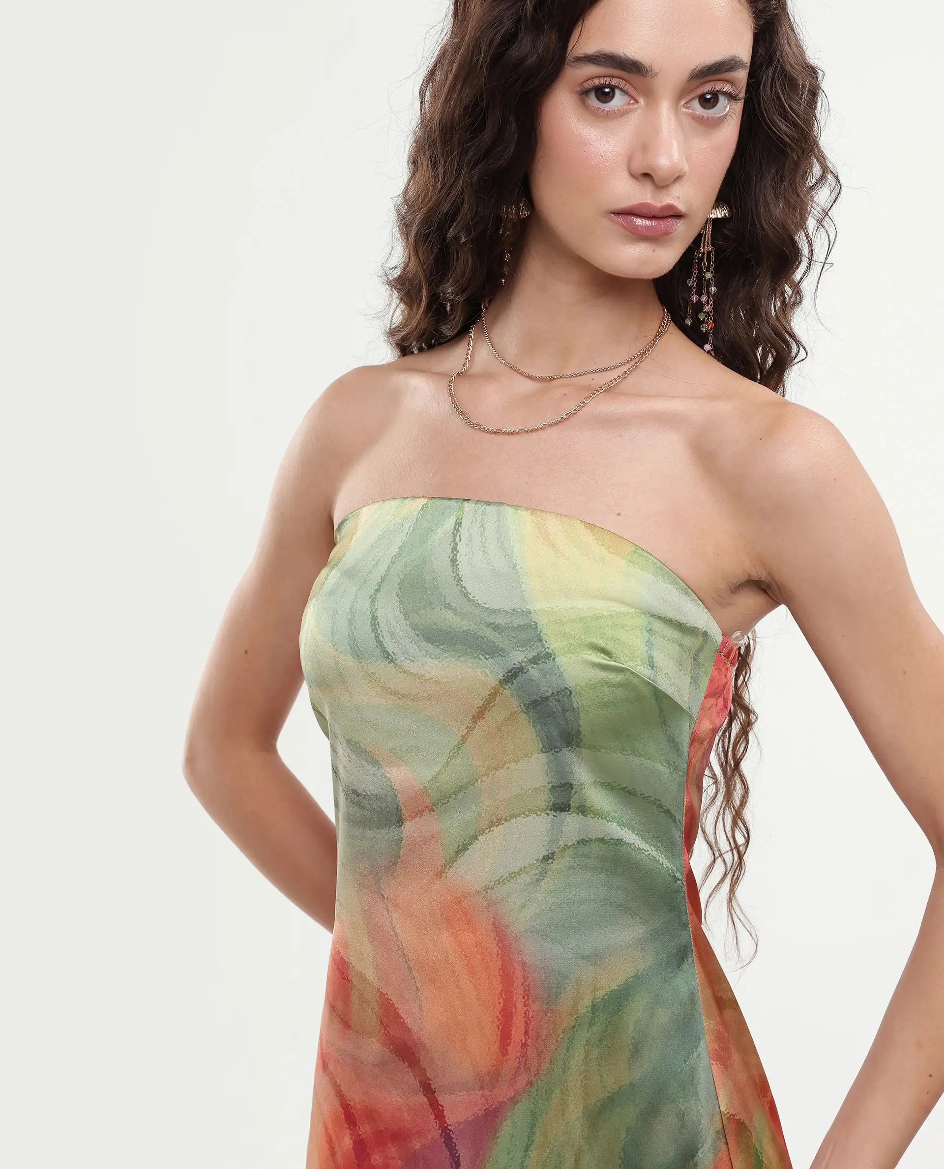 Rareism Women's Mermaid Multi Polyester Shoulder Strap Abstract Print Sleeveless Midi Bodycon Dress