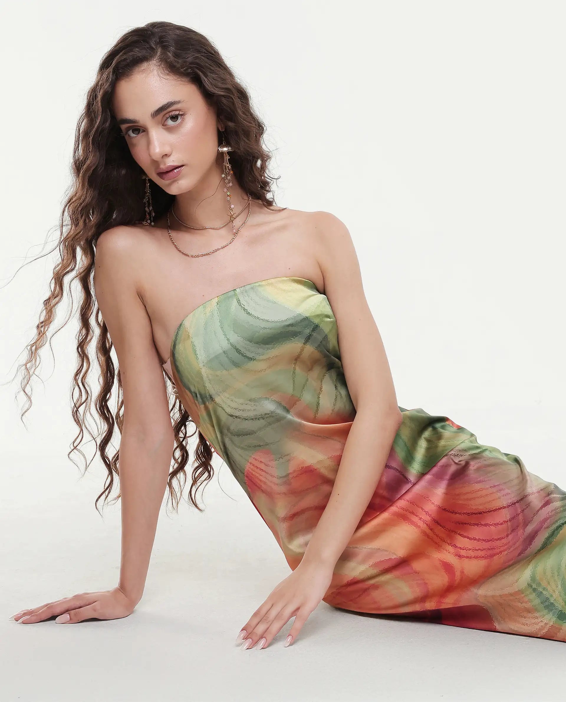 Rareism Women's Mermaid Multi Polyester Shoulder Strap Abstract Print Sleeveless Midi Bodycon Dress