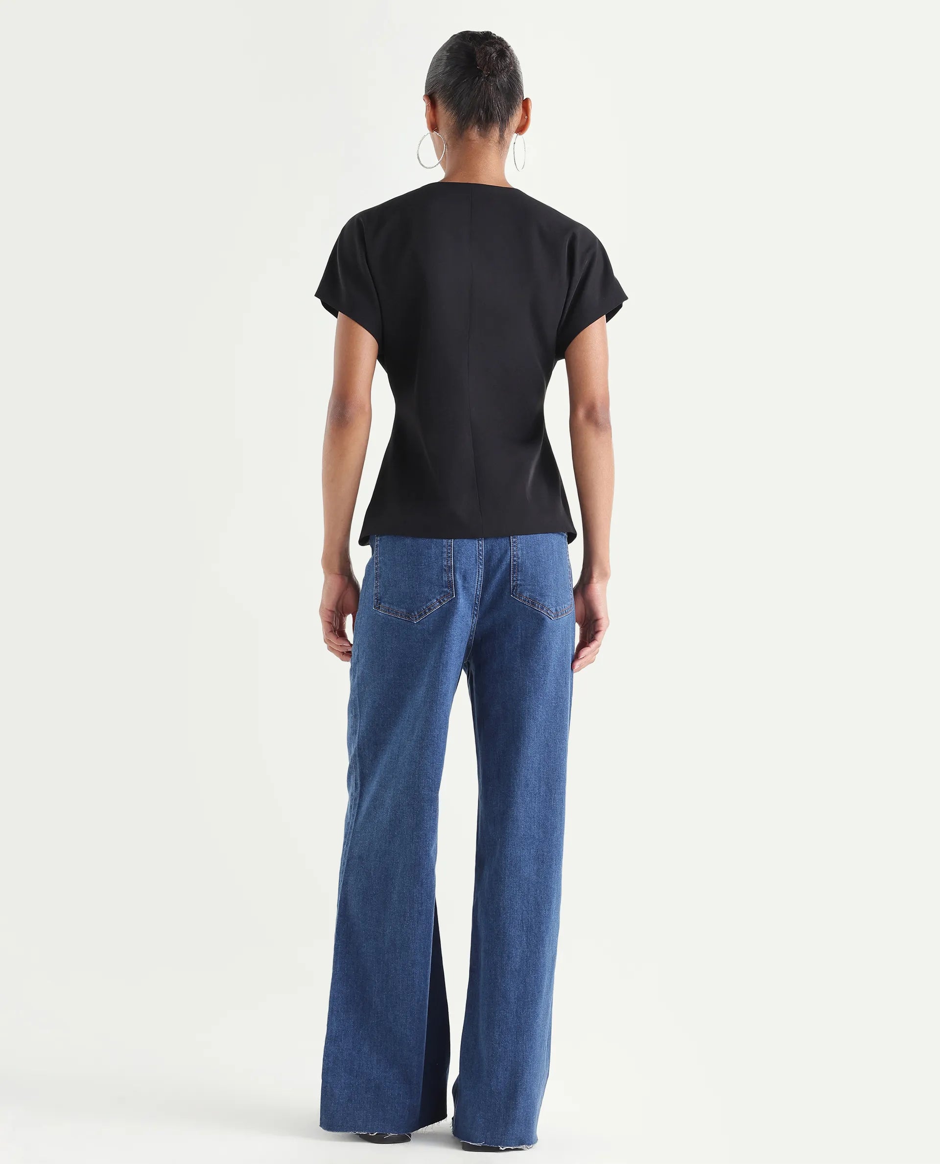 Rareism Women's Miniko Dark Blue Cotton Blend Plain Ankle Length Effortless Sculpt high wide Jeans