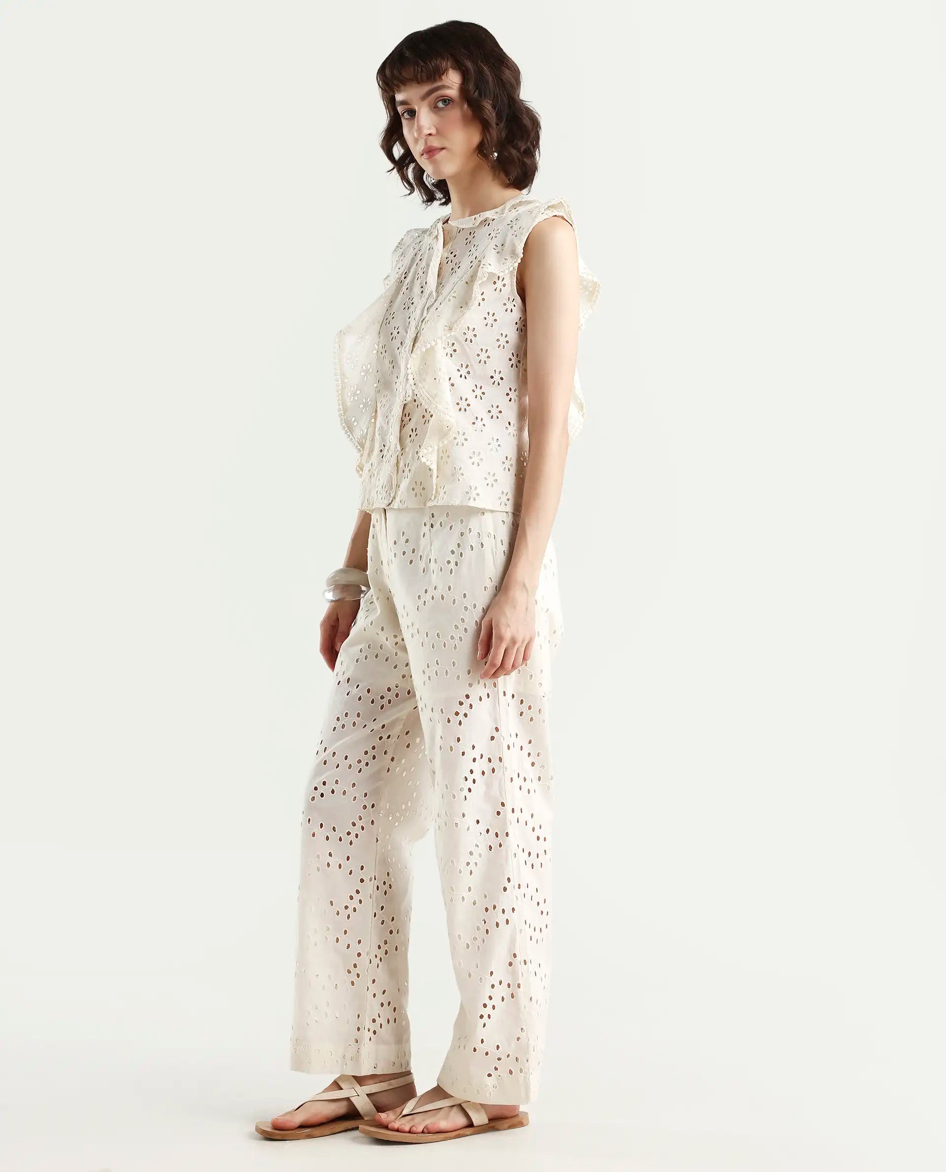 Rareism Women's Montana-B Light Off White Cotton Plain Regular Fit Trouser