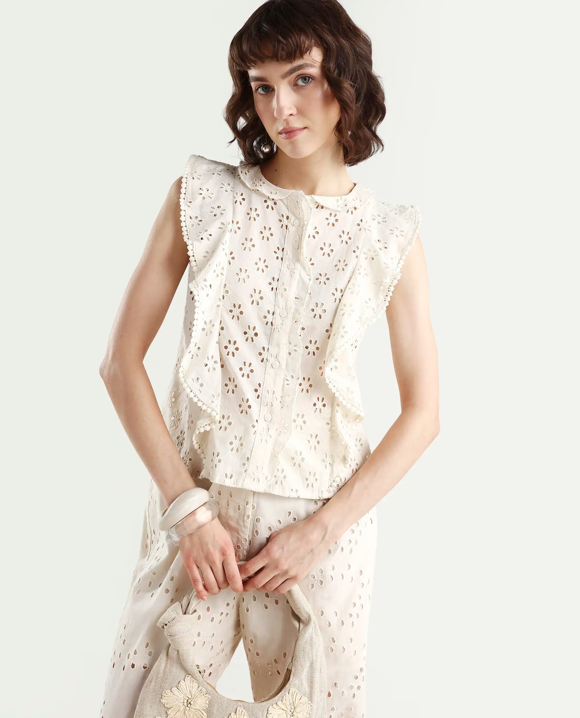 Rareism Women's Montana-T Light Off White Cotton Sweetheart Neck Plain Sleeveless Regular Fit Top