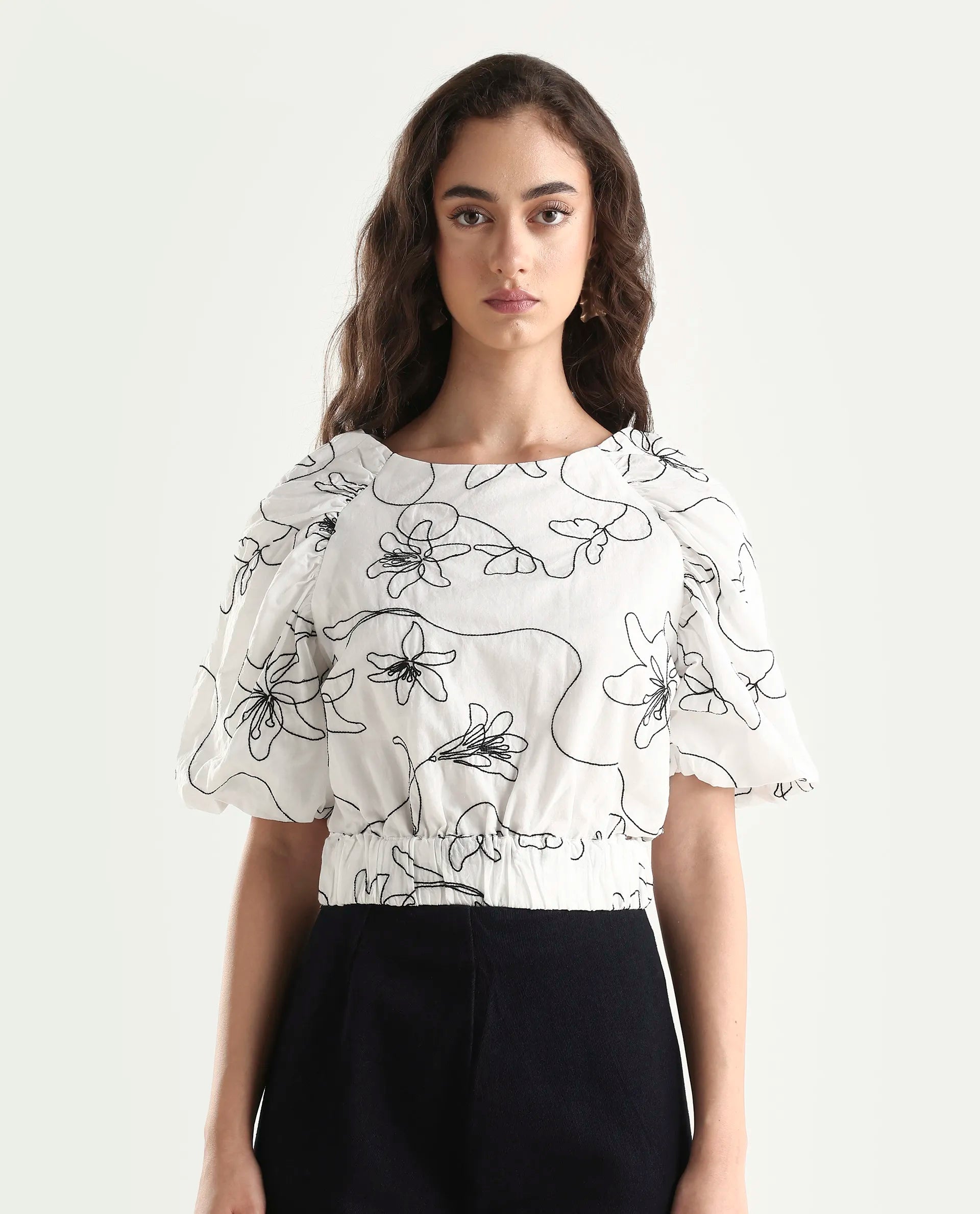 Rareism Women's Morganic White Cotton Crew Neck Embroidered Balloon Sleeve Crop Regular Fit Top