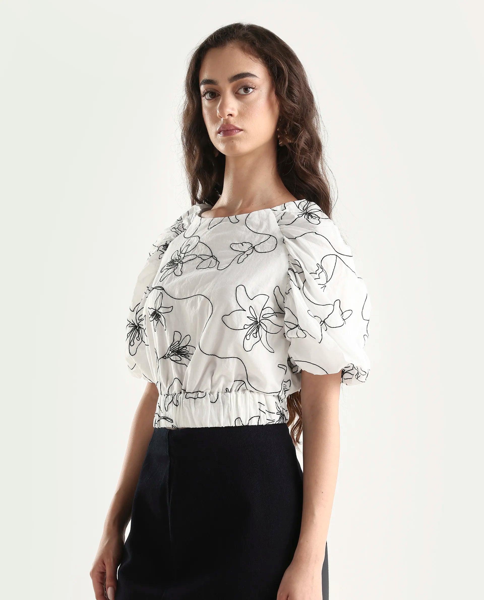 Rareism Women's Morganic White Cotton Crew Neck Embroidered Balloon Sleeve Crop Regular Fit Top