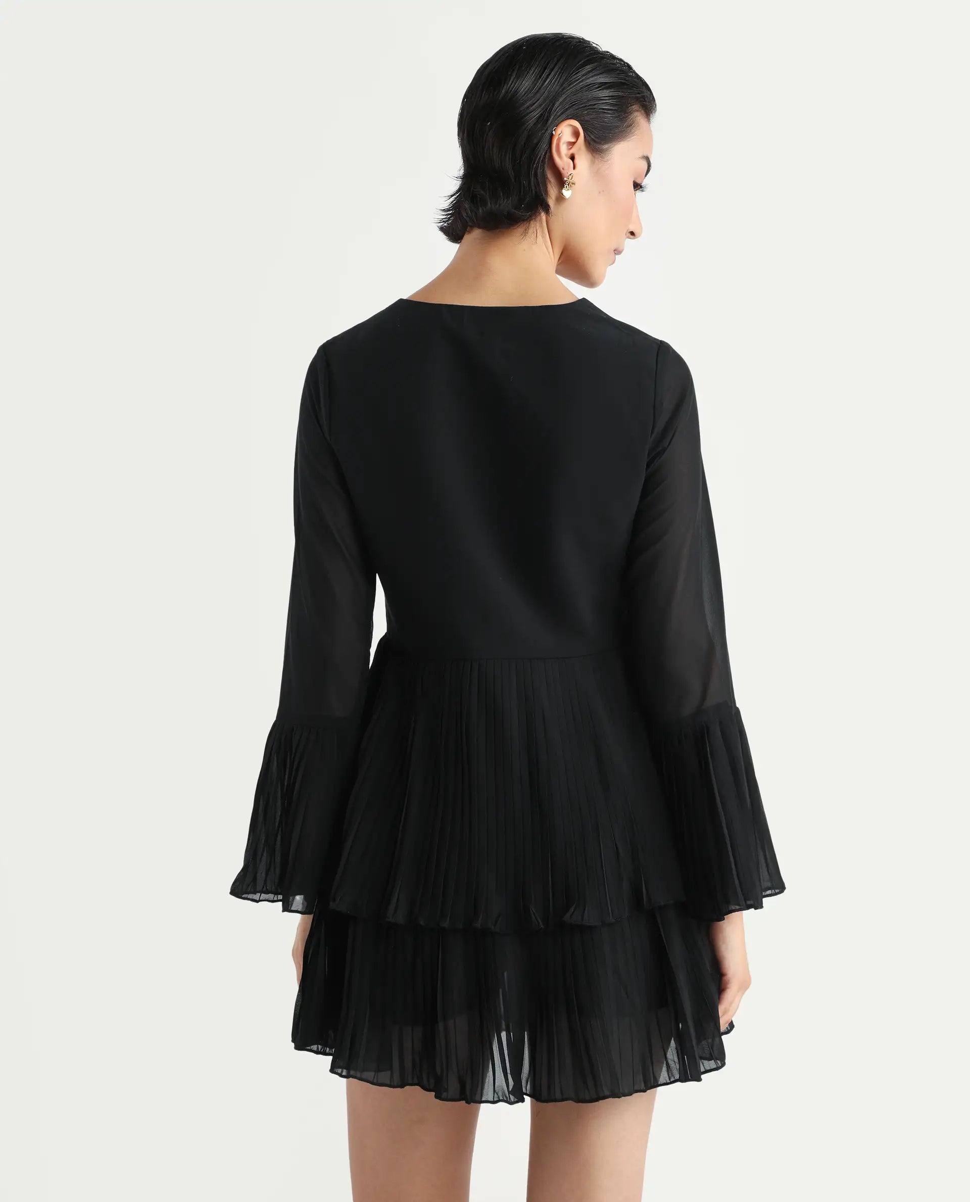 Rareism Women's Olympia Black Polyester Drop Collar Plain Bell Sleeve Mini Fit And Flare Dress