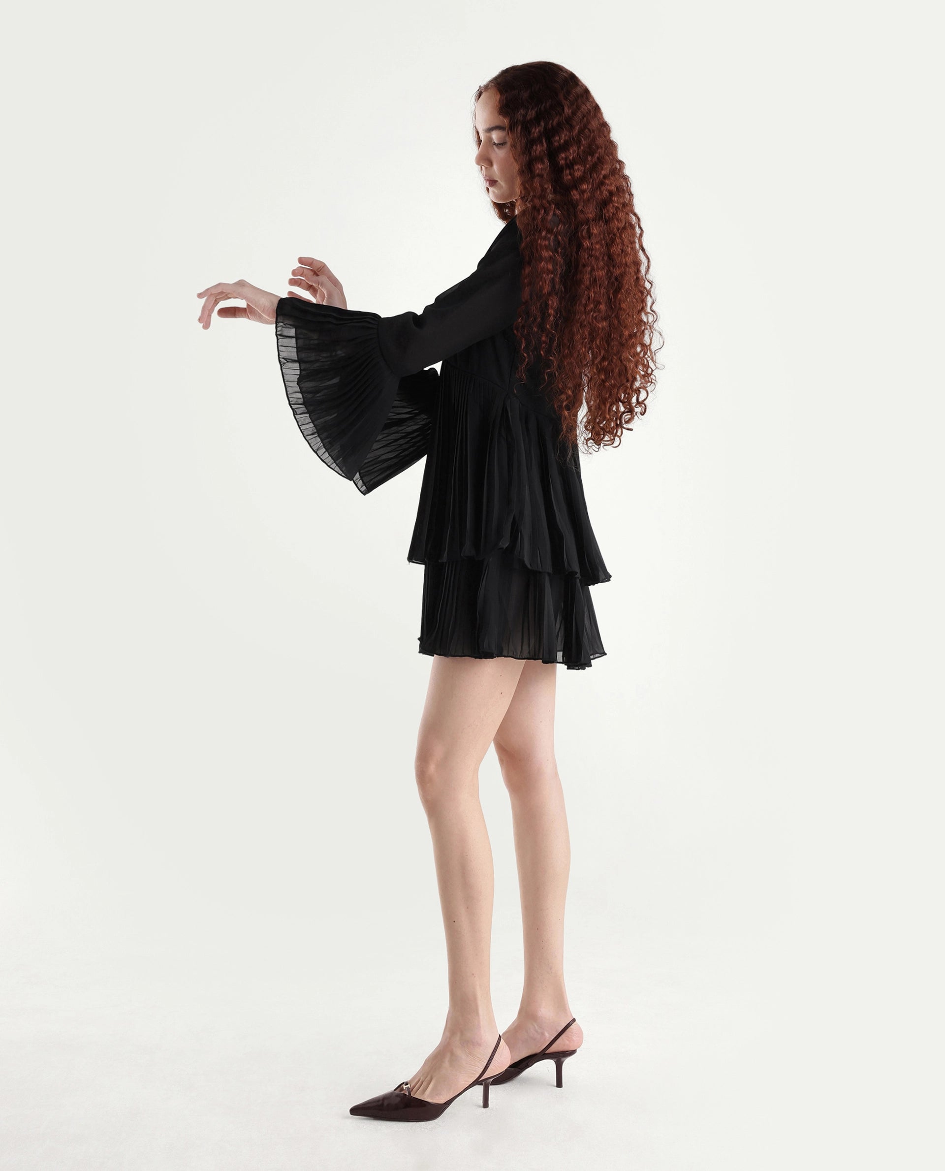 Rareism Women's Olympia Black Polyester Drop Collar Plain Bell Sleeve Mini Fit And Flare Dress