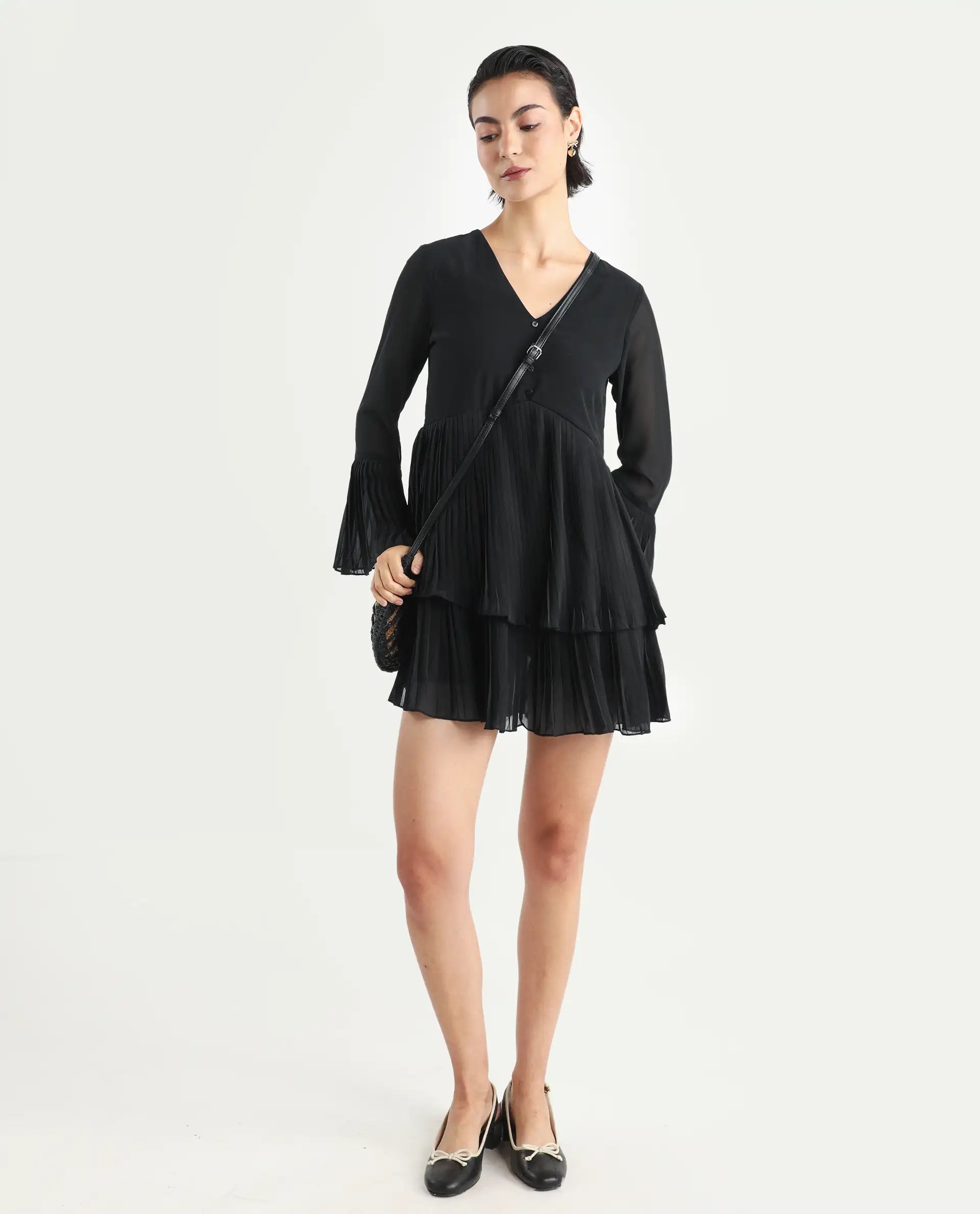 Rareism Women's Olympia Black Polyester Drop Collar Plain Bell Sleeve Mini Fit And Flare Dress