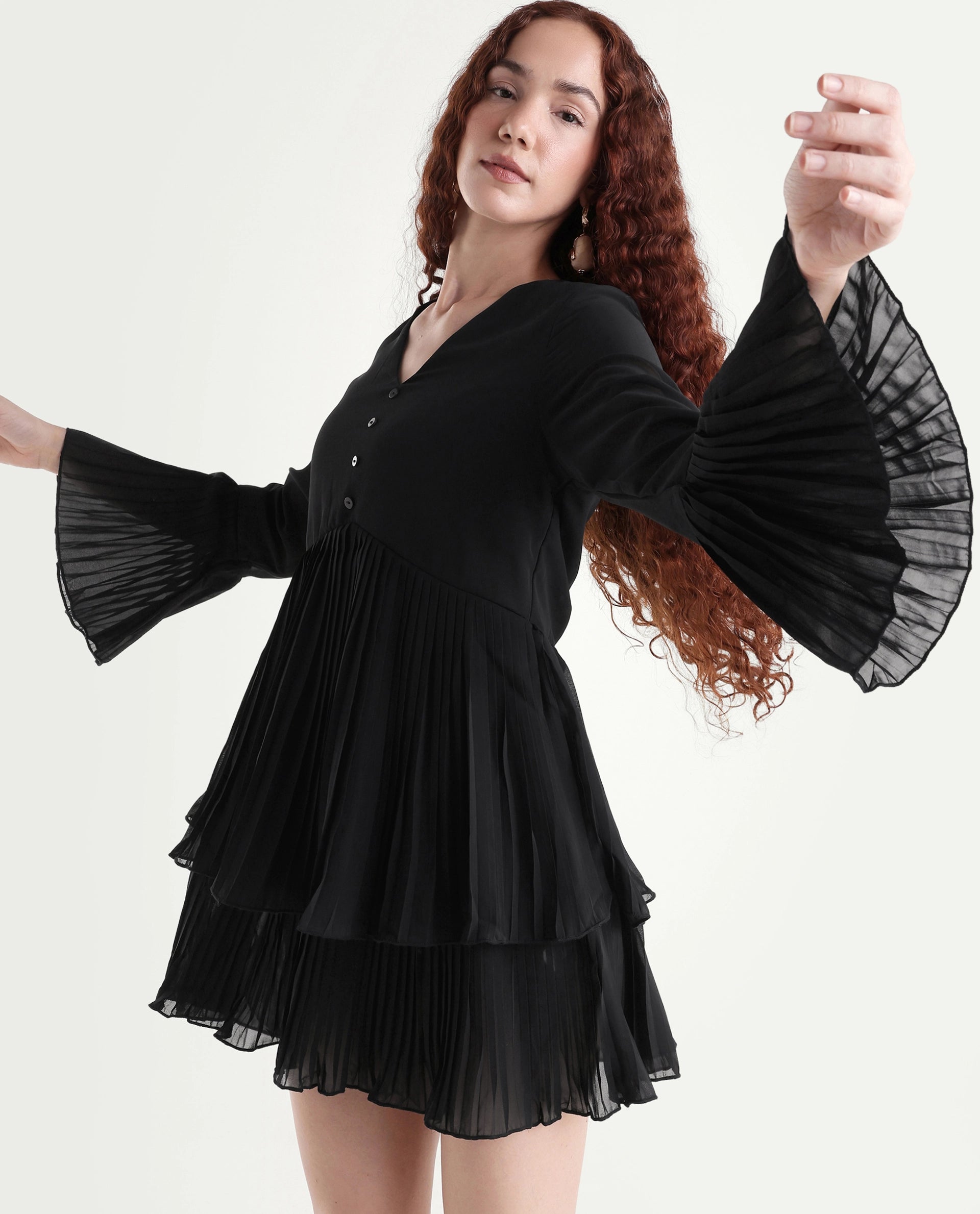 Rareism Women's Olympia Black Polyester Drop Collar Plain Bell Sleeve Mini Fit And Flare Dress