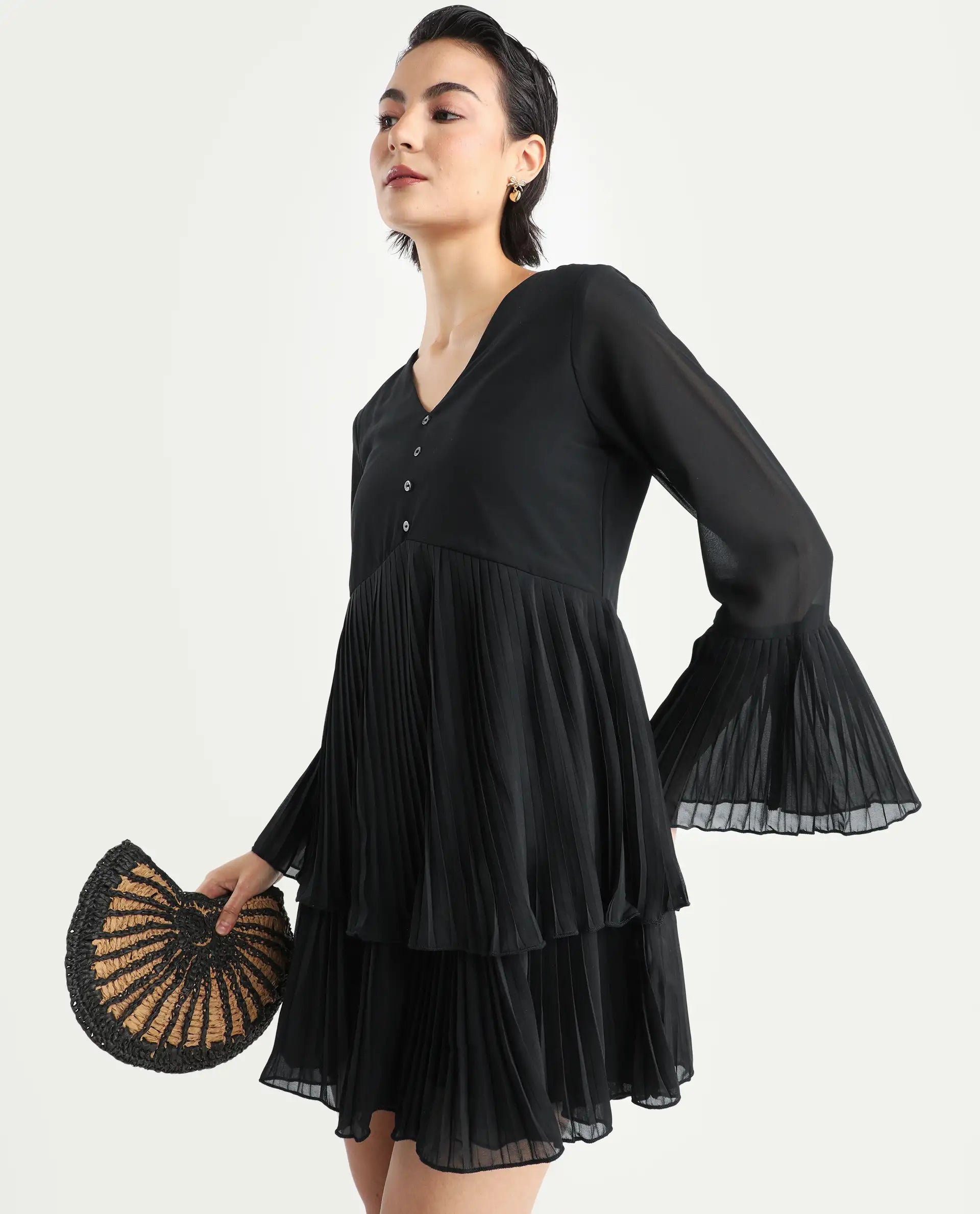 Rareism Women's Olympia Black Polyester Drop Collar Plain Bell Sleeve Mini Fit And Flare Dress