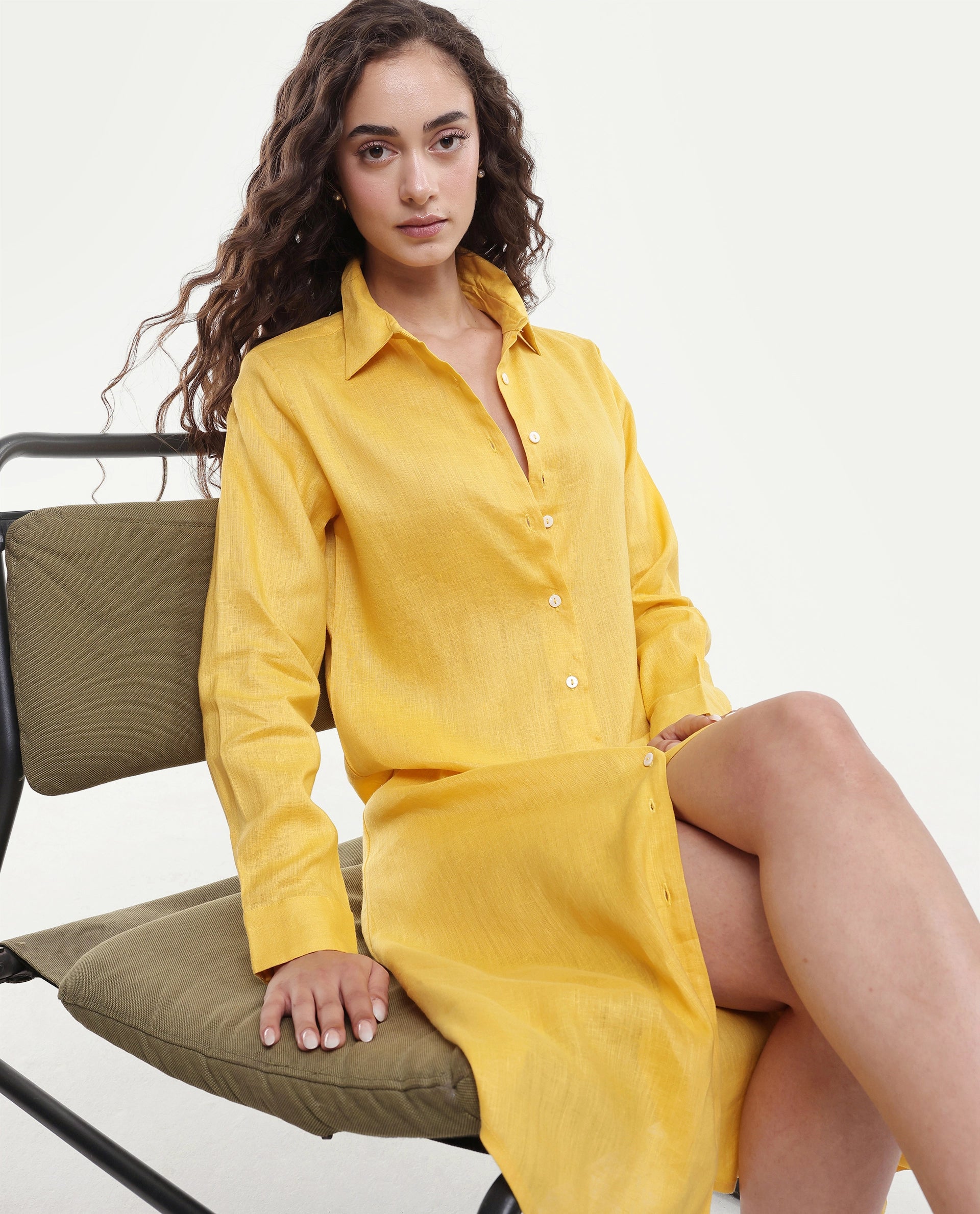 Rareism Women's Peruvian Yellow Cotton Linen Drop Collar Plain Cuffed Sleeve Midi A-Line Dress