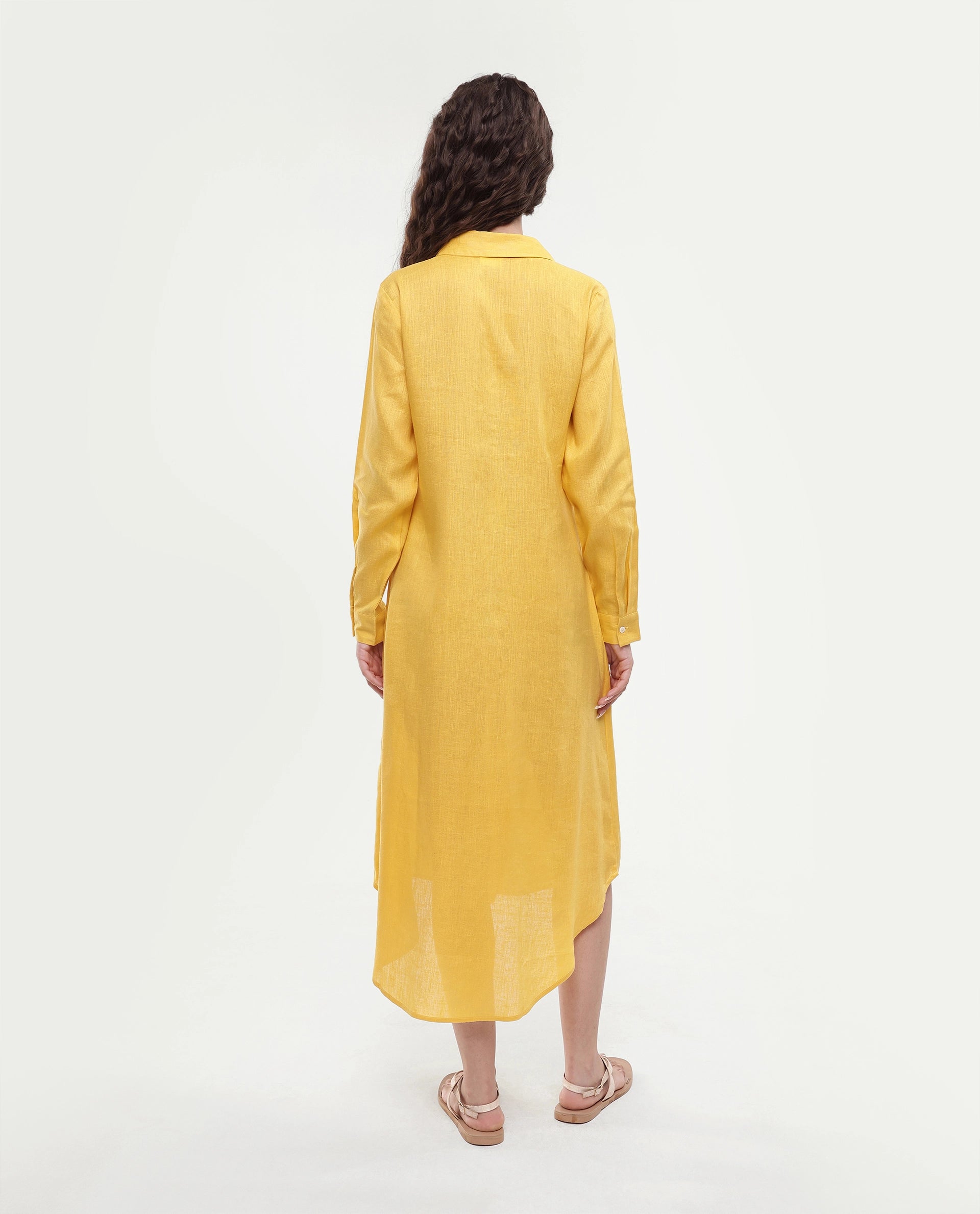 Rareism Women's Peruvian Yellow Cotton Linen Drop Collar Plain Cuffed Sleeve Midi A-Line Dress