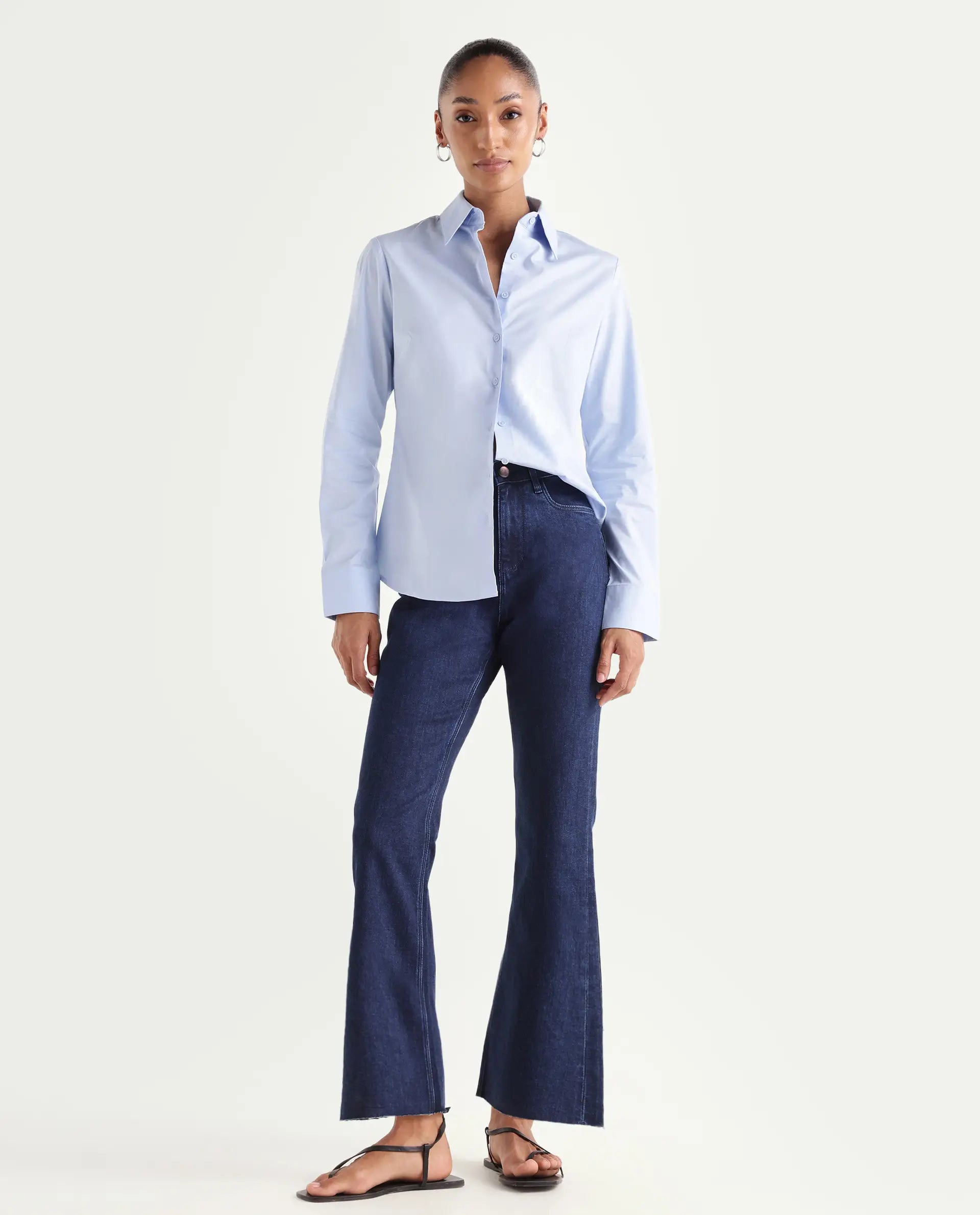Rareism Women's Winona Dark Blue Cotton Blend Plain Ankle Length Classic Bootcut Jeans