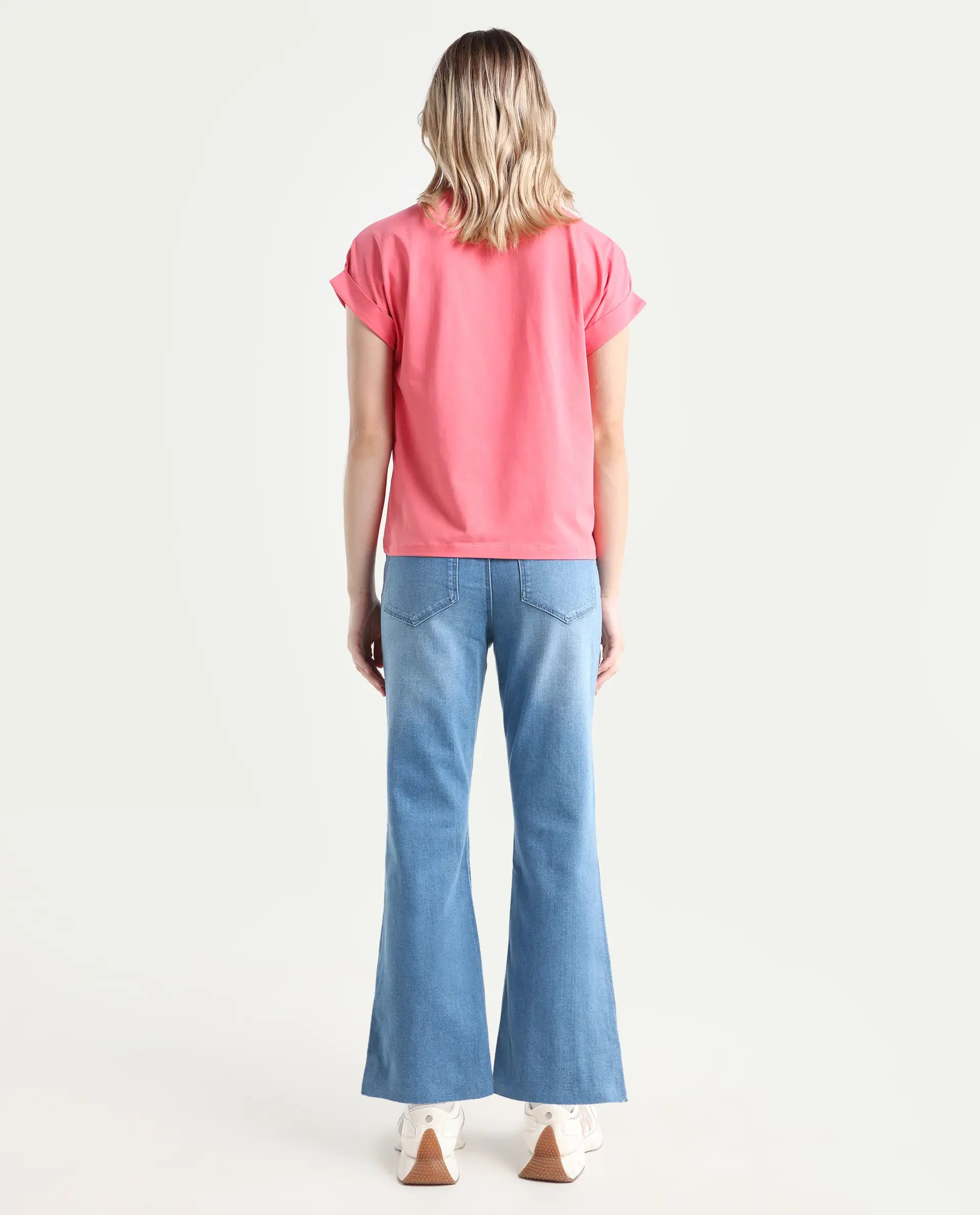 Rareism Women's Winona Pastel Blue Cotton Blend Plain Ankle Length Crop Flare Jeans