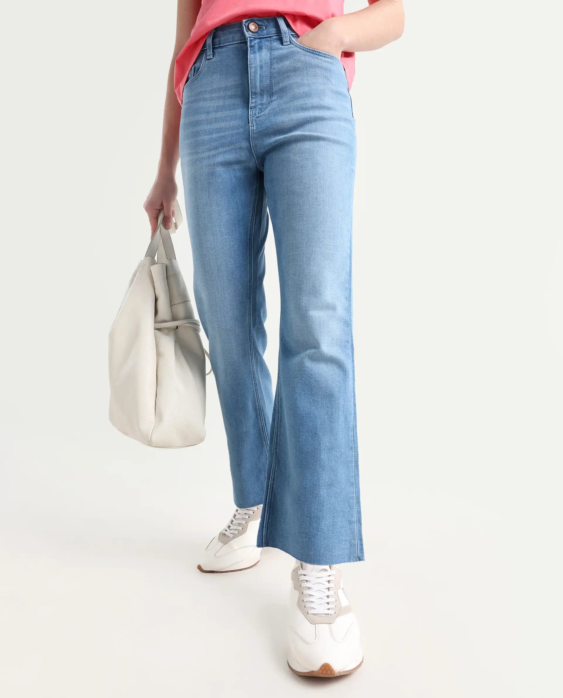 Rareism Women's Winona Pastel Blue Cotton Blend Plain Ankle Length Crop Flare Jeans