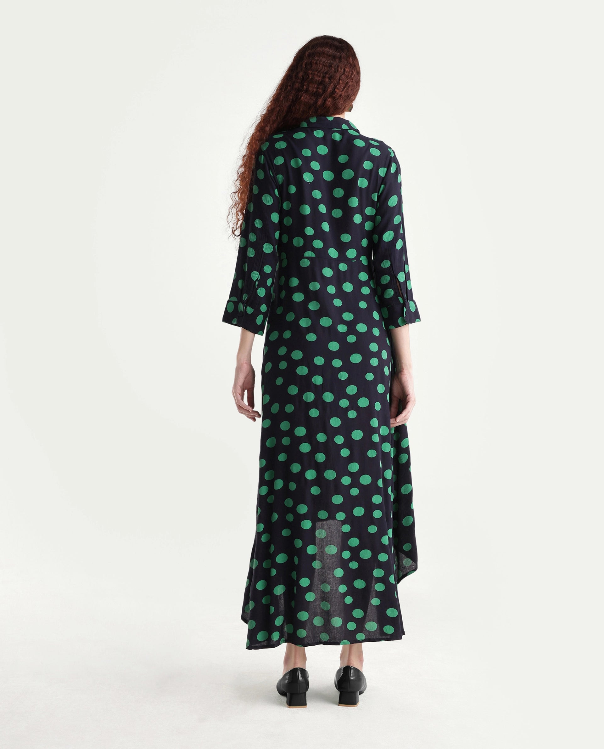 Rareism Women's Winslet Black Rayon Drop Collar Polka Print Cuffed Sleeve Maxi Flared Dress