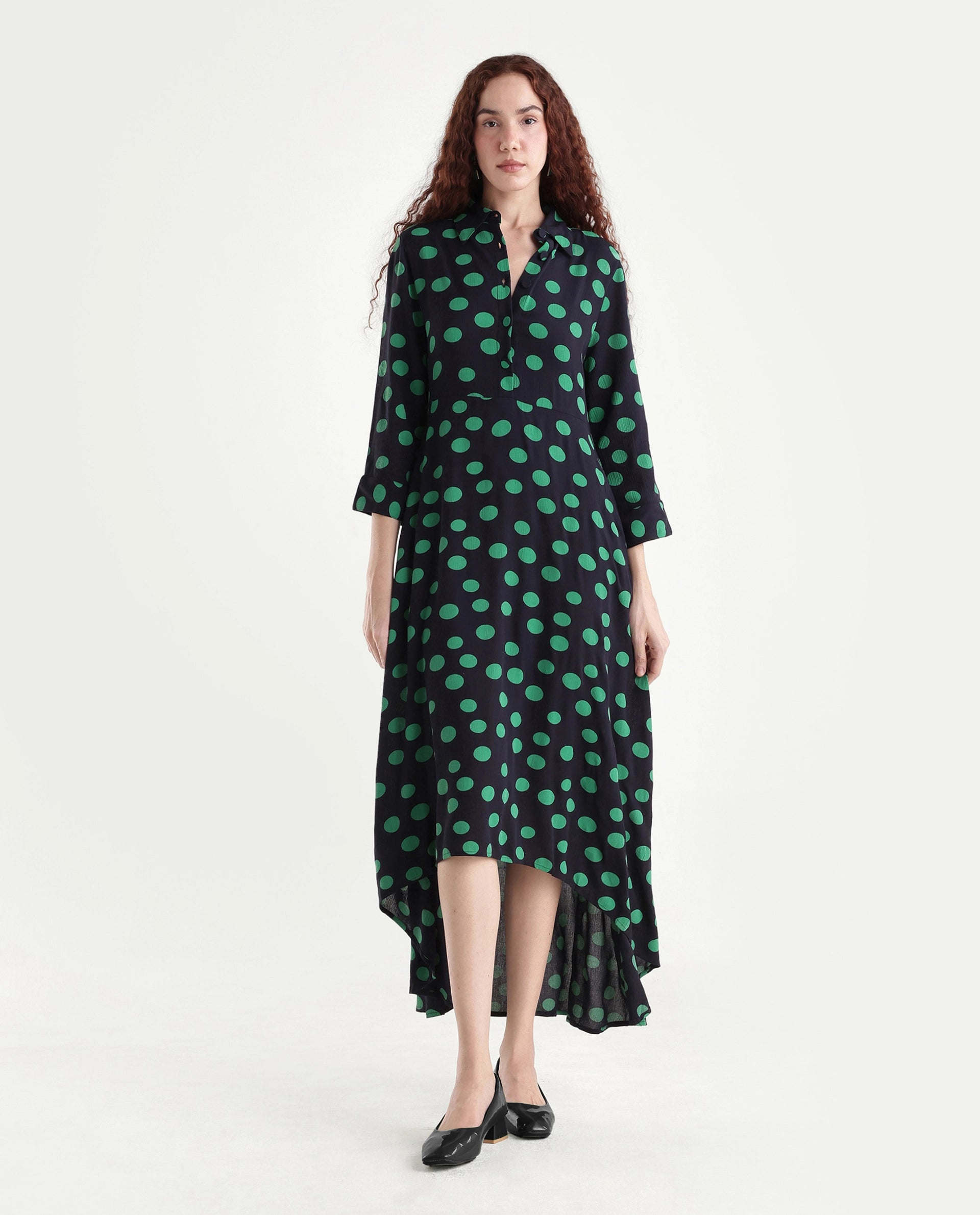 Rareism Women's Winslet Black Rayon Drop Collar Polka Print Cuffed Sleeve Maxi Flared Dress