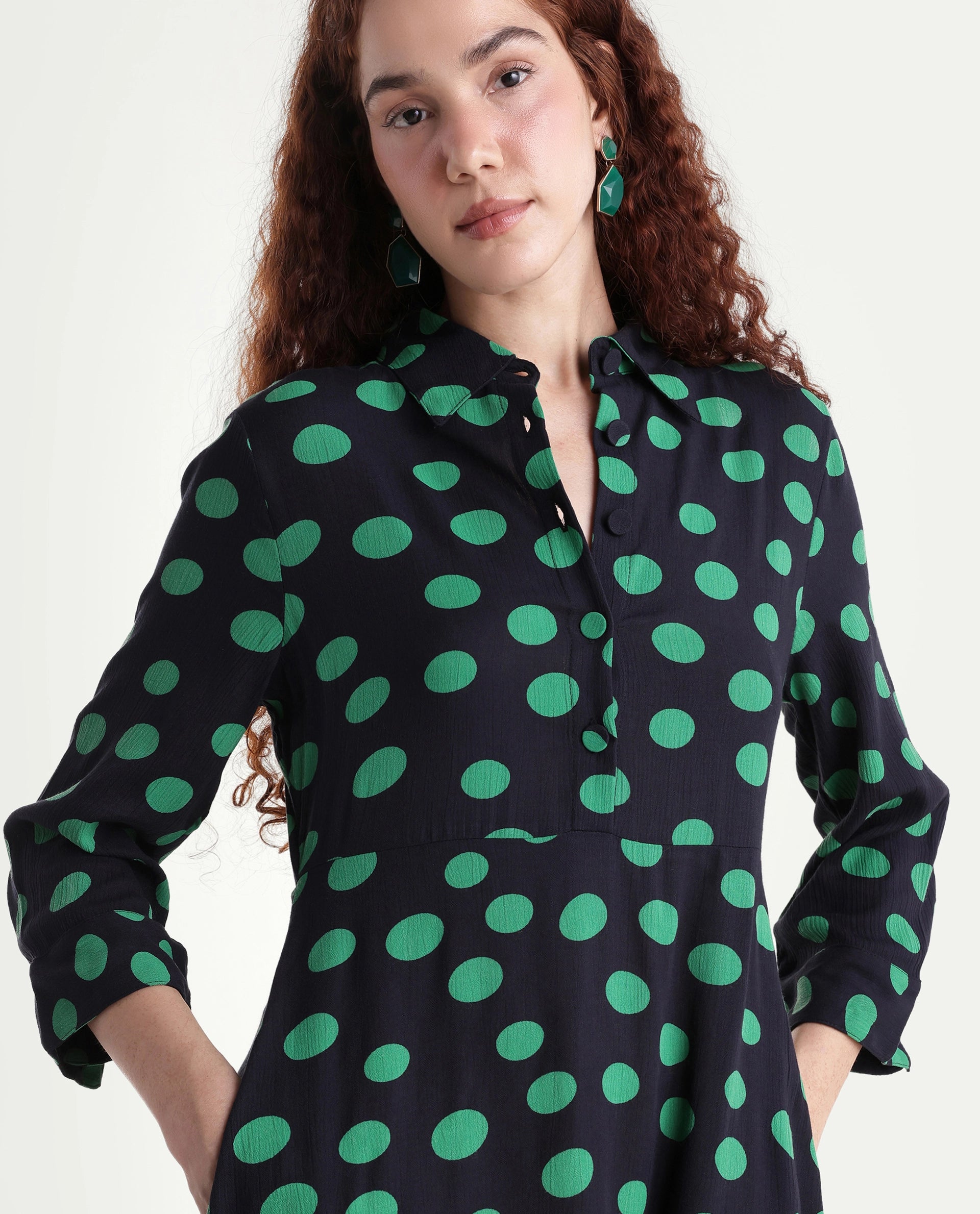 Rareism Women's Winslet Black Rayon Drop Collar Polka Print Cuffed Sleeve Maxi Flared Dress