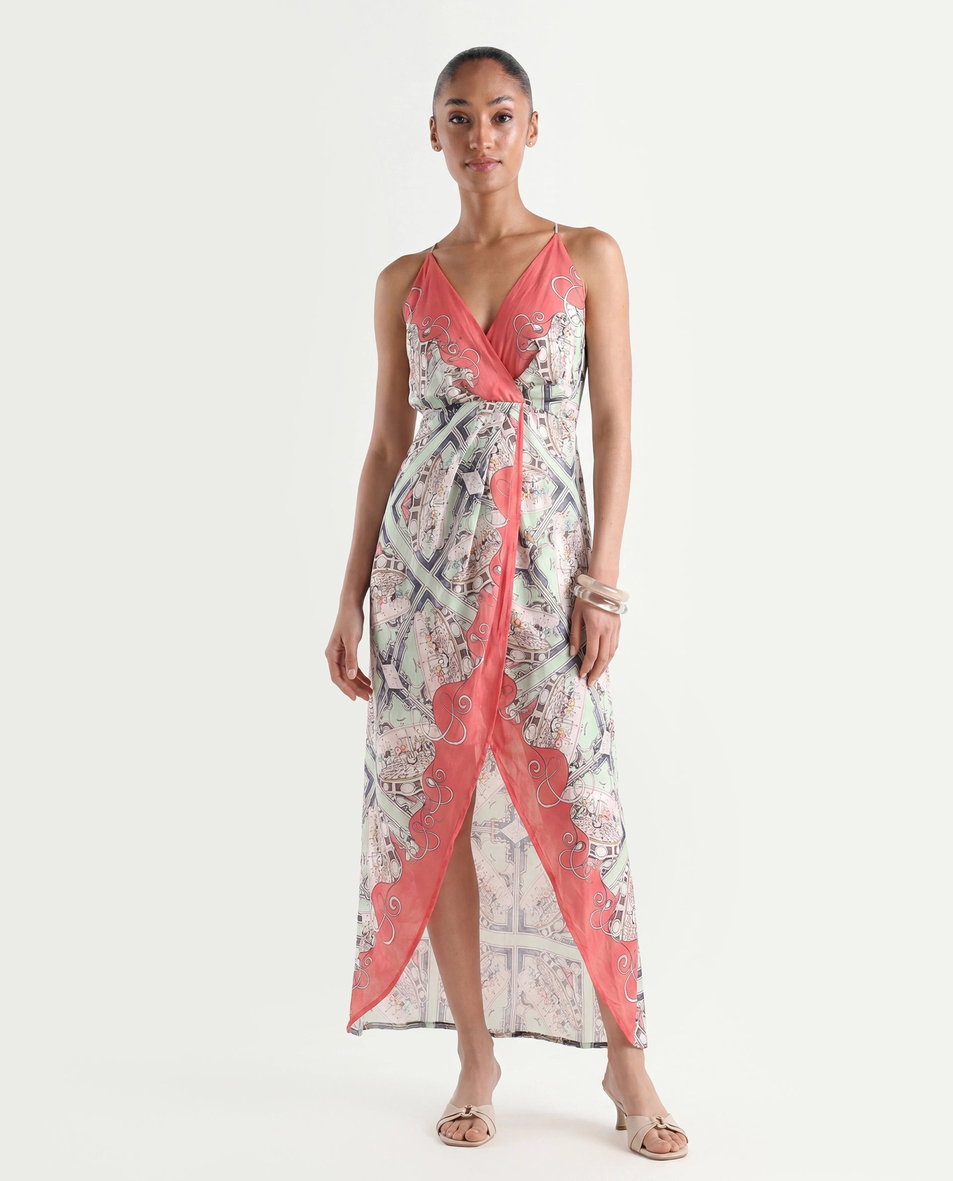 Rareism Women's Bluries Pastel Green Cotton Overlap Neck Abstract Print Shoulder Strap Maxi Fit And Flare Dress