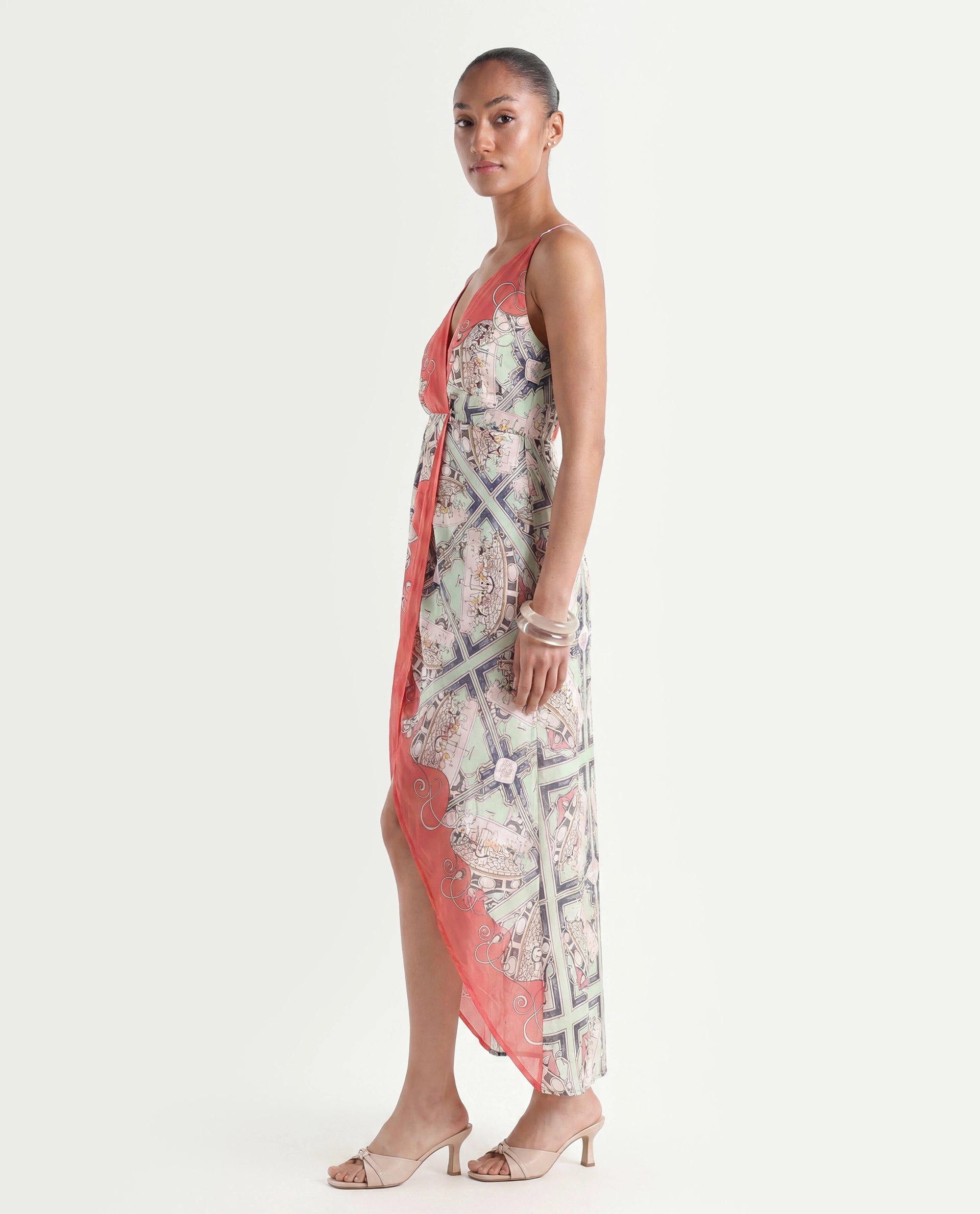 Rareism Women's Bluries Pastel Green Cotton Overlap Neck Abstract Print Shoulder Strap Maxi Fit And Flare Dress