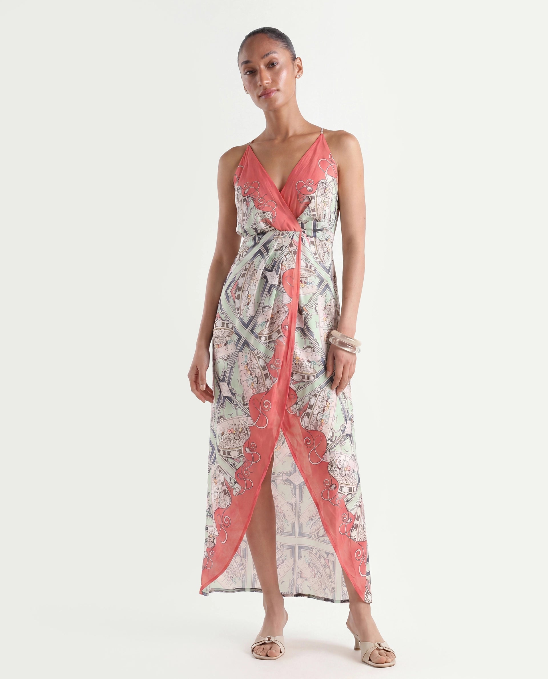 Rareism Women's Bluries Pastel Green Cotton Overlap Neck Abstract Print Shoulder Strap Maxi Fit And Flare Dress