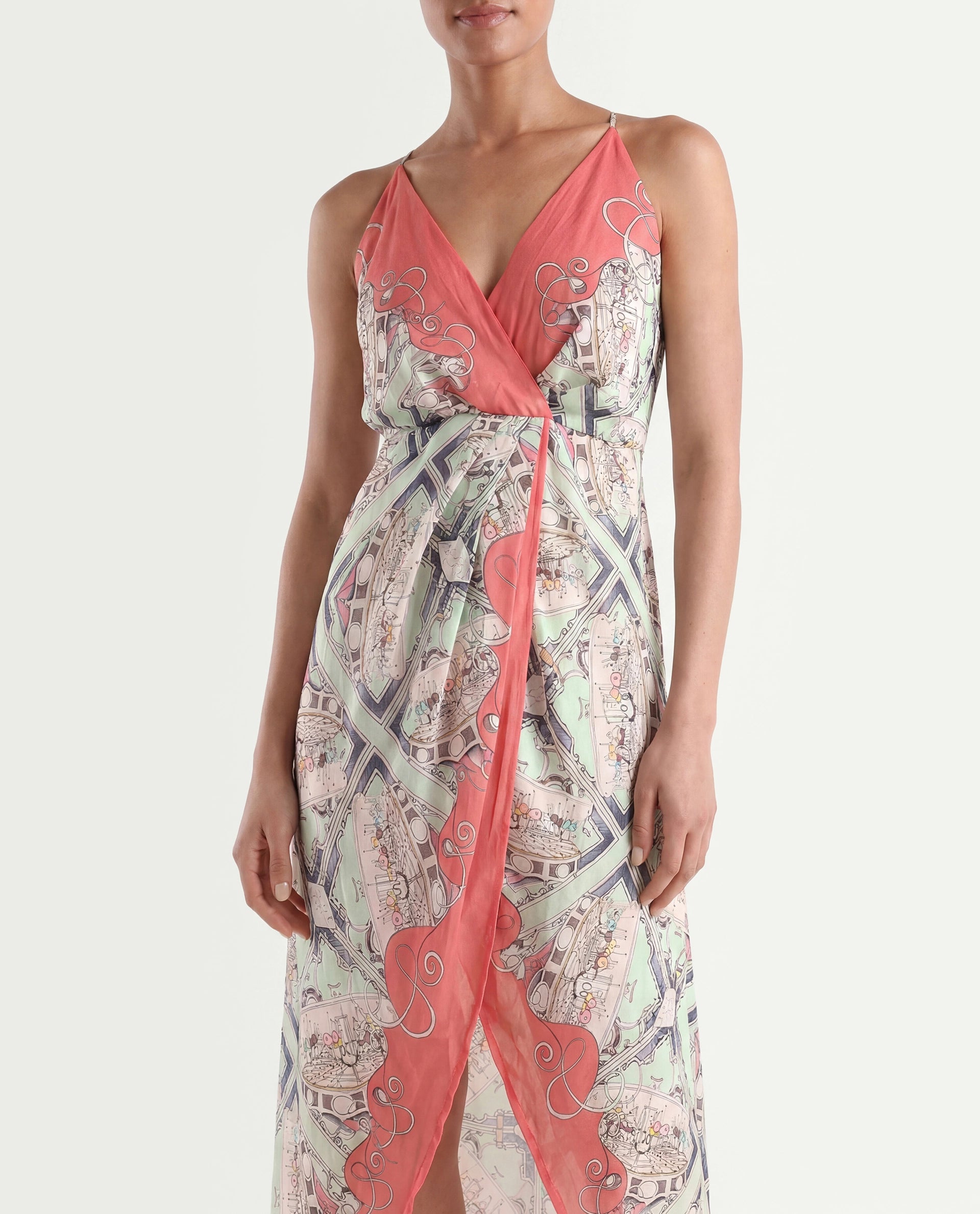 Rareism Women's Bluries Pastel Green Cotton Overlap Neck Abstract Print Shoulder Strap Maxi Fit And Flare Dress
