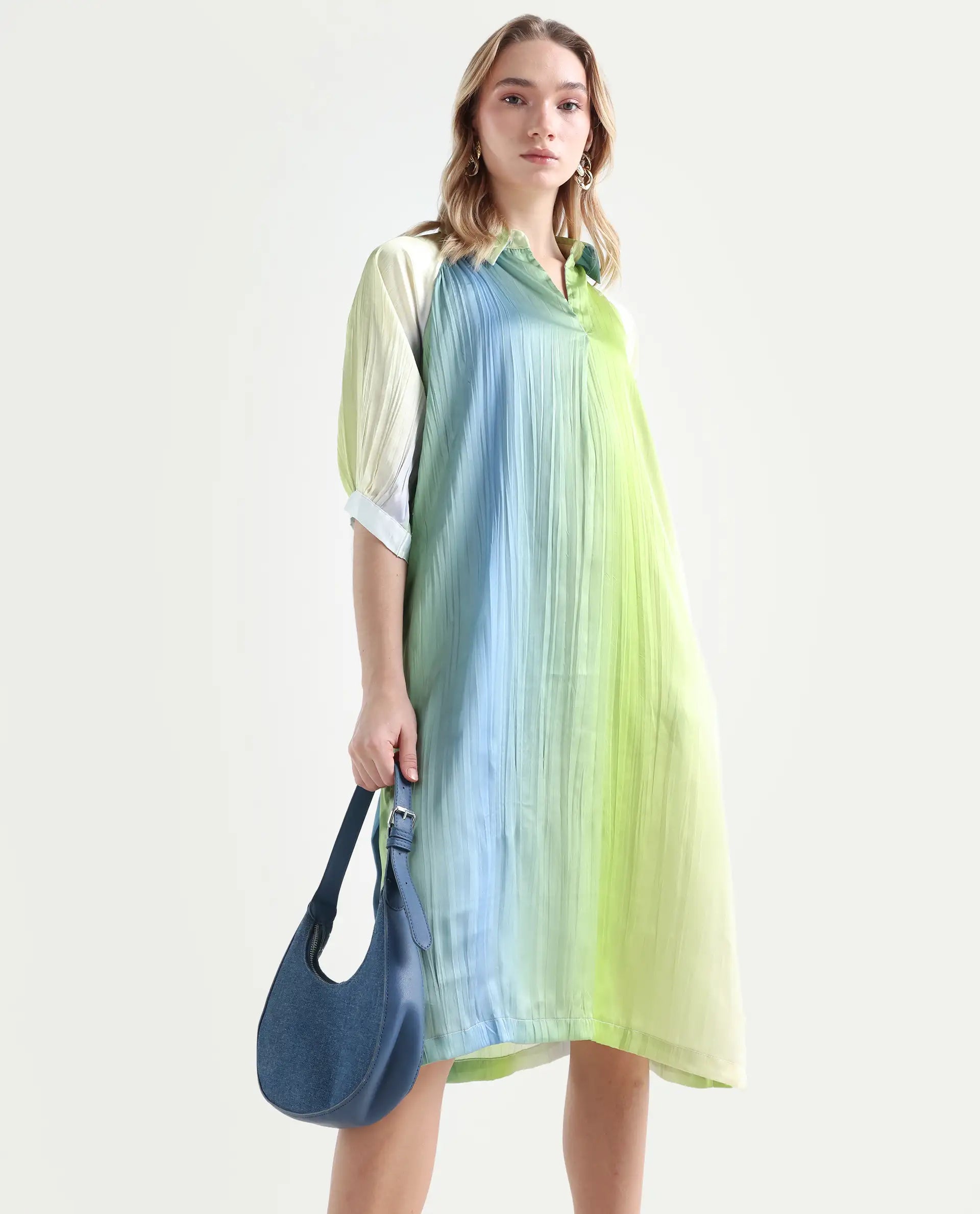 Rareism Women's Boris Multi Polyester Drop Collar Ombre Raglan Sleeve Midi A-Line Dress