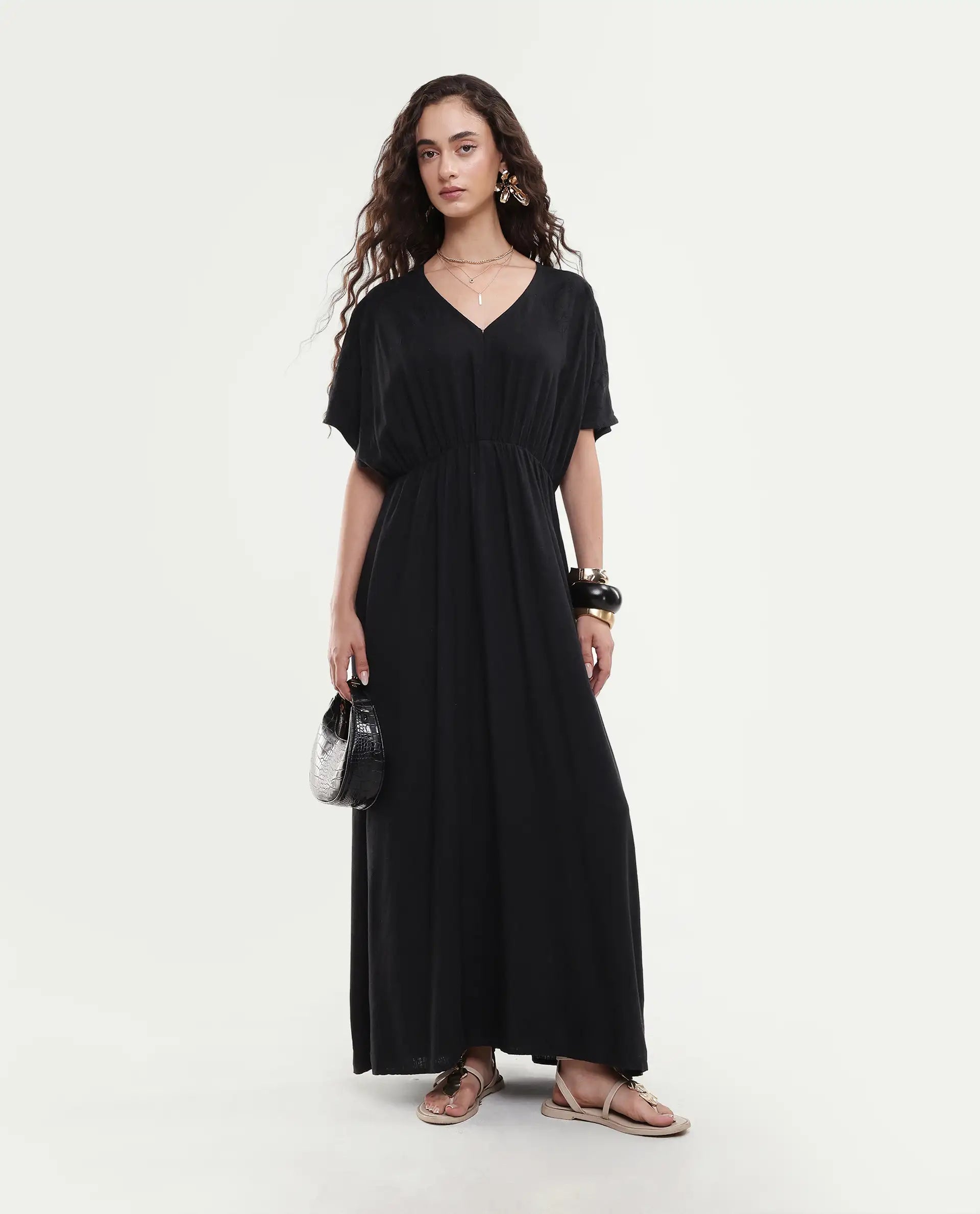 Rareism Women's Flynn Light Black Linen Blend V-Neck Plain Extended Sleeves Maxi Fit And Flare Dress