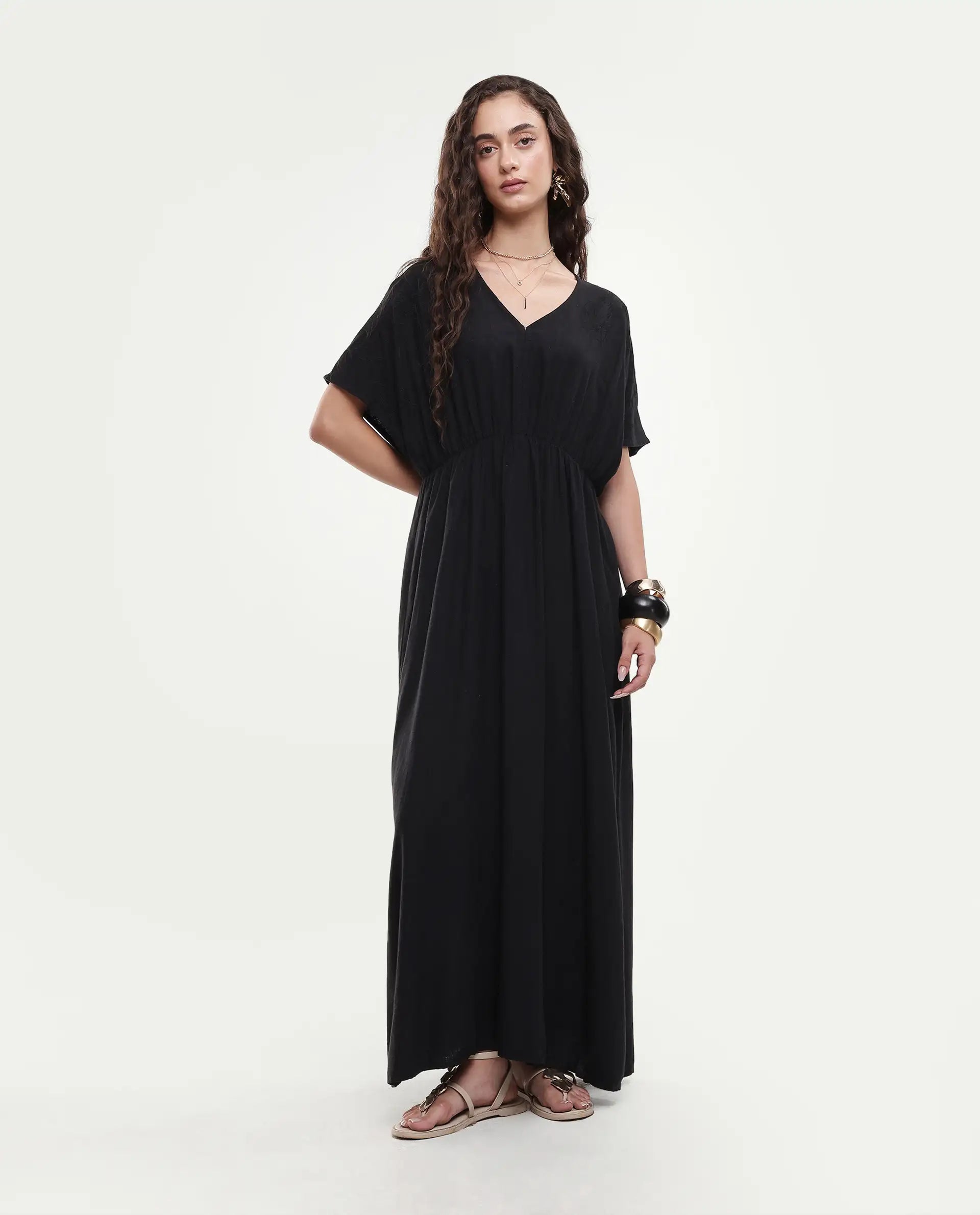 Rareism Women's Flynn Light Black Linen Blend V-Neck Plain Extended Sleeves Maxi Fit And Flare Dress