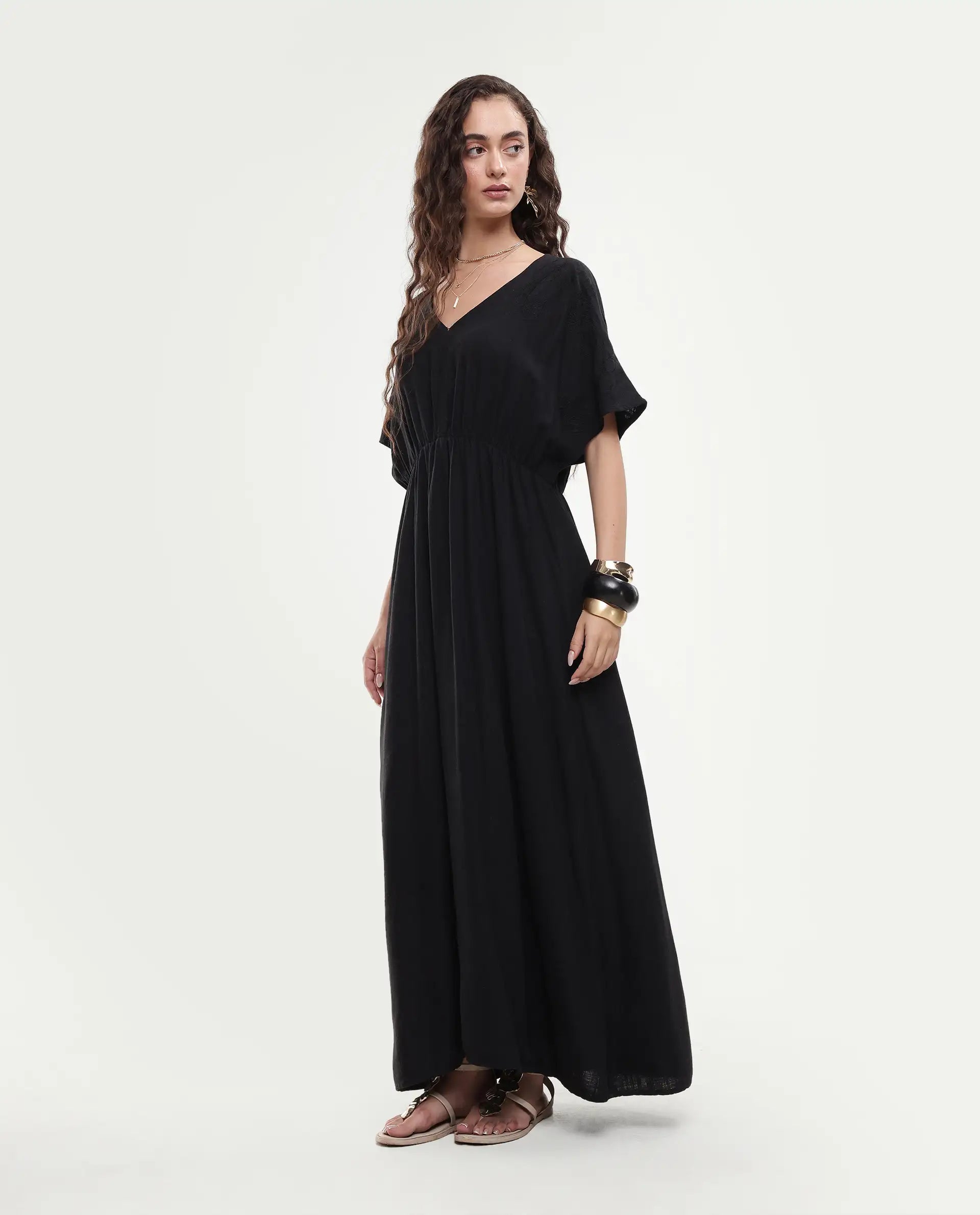 Rareism Women's Flynn Light Black Linen Blend V-Neck Plain Extended Sleeves Maxi Fit And Flare Dress