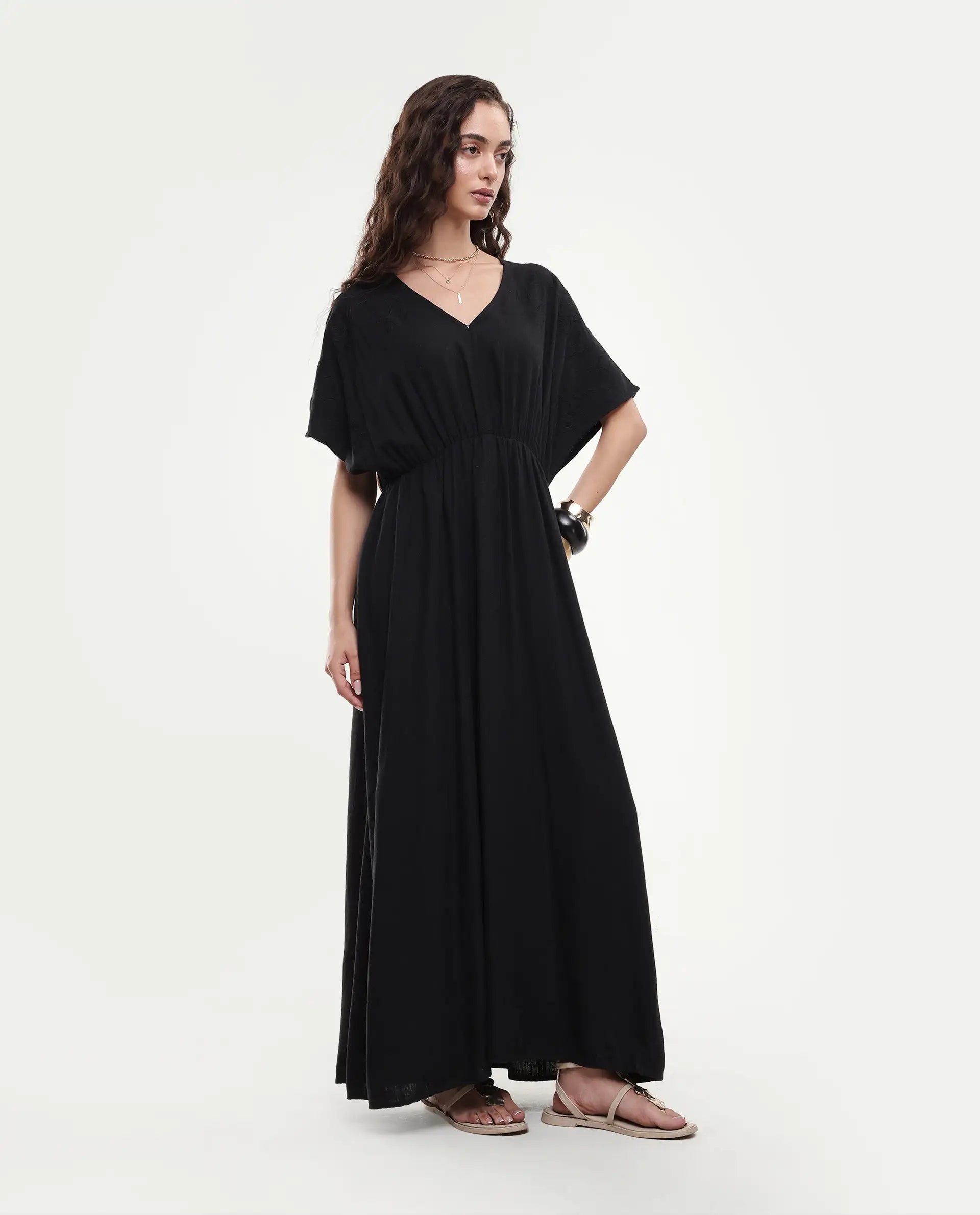 Rareism Women's Flynn Light Black Linen Blend V-Neck Plain Extended Sleeves Maxi Fit And Flare Dress