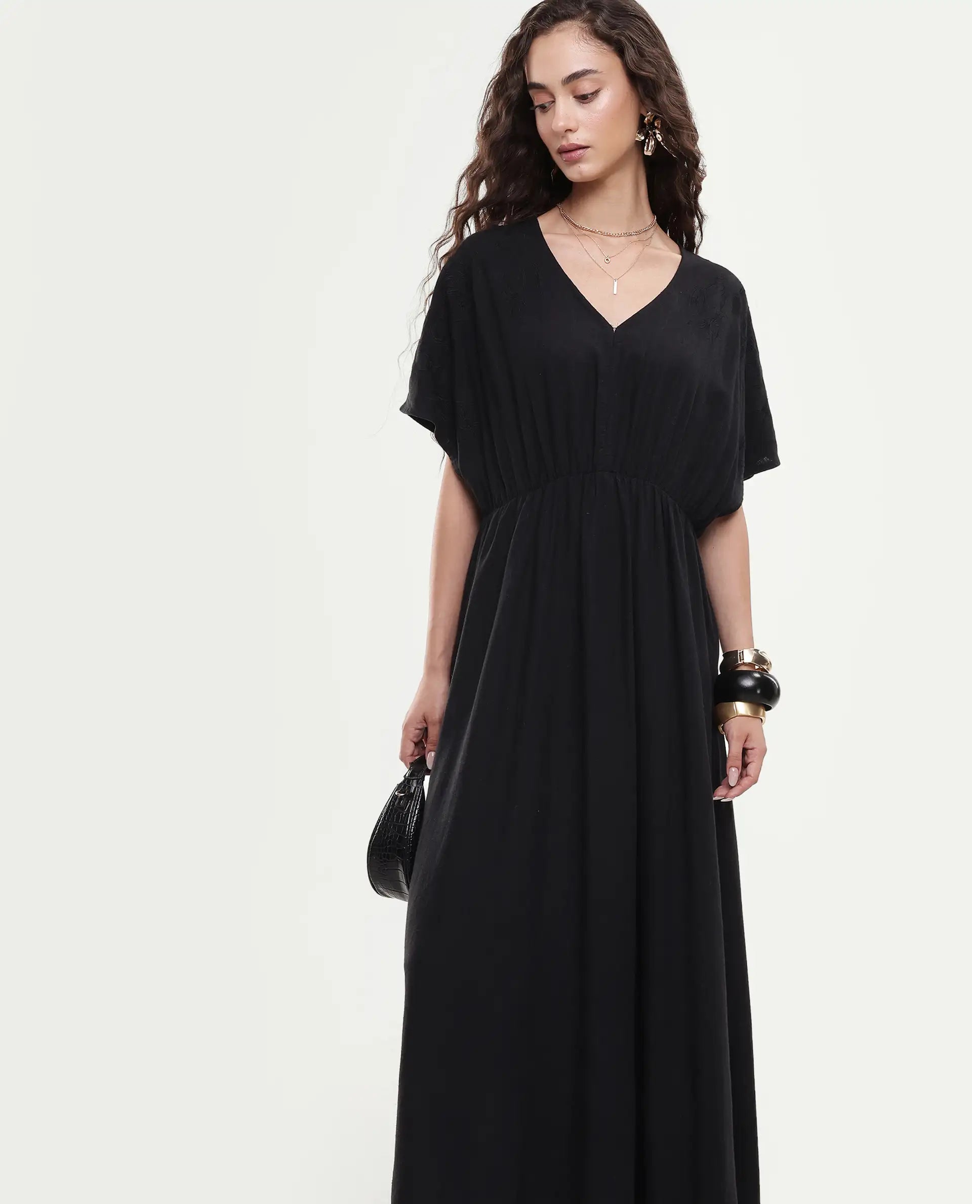 Rareism Women's Flynn Light Black Linen Blend V-Neck Plain Extended Sleeves Maxi Fit And Flare Dress