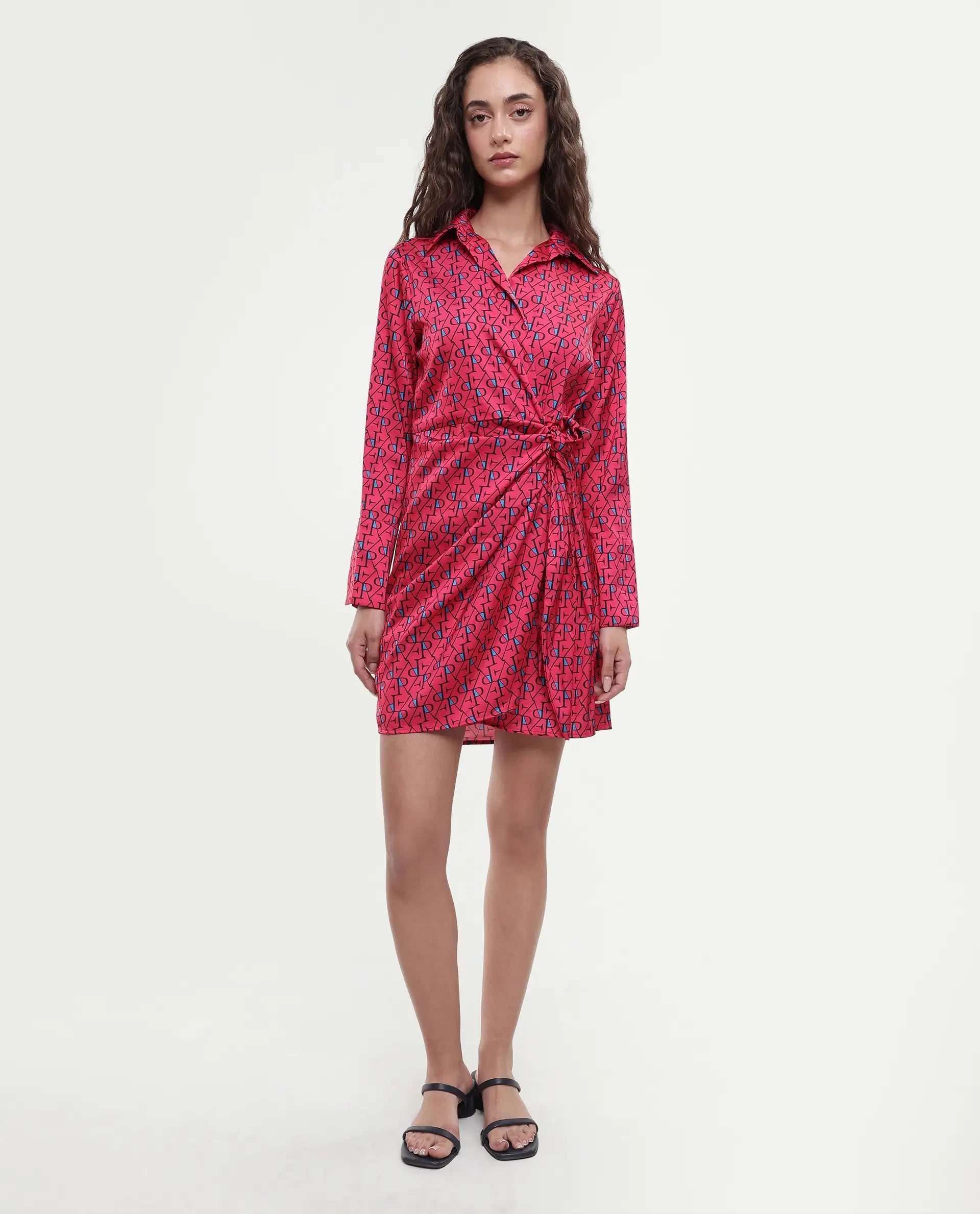 Rareism Women's Gangiv Flouroscent Pink Overlap Neck Monogram Print Cuffed Sleeve Mini Wrap Dress
