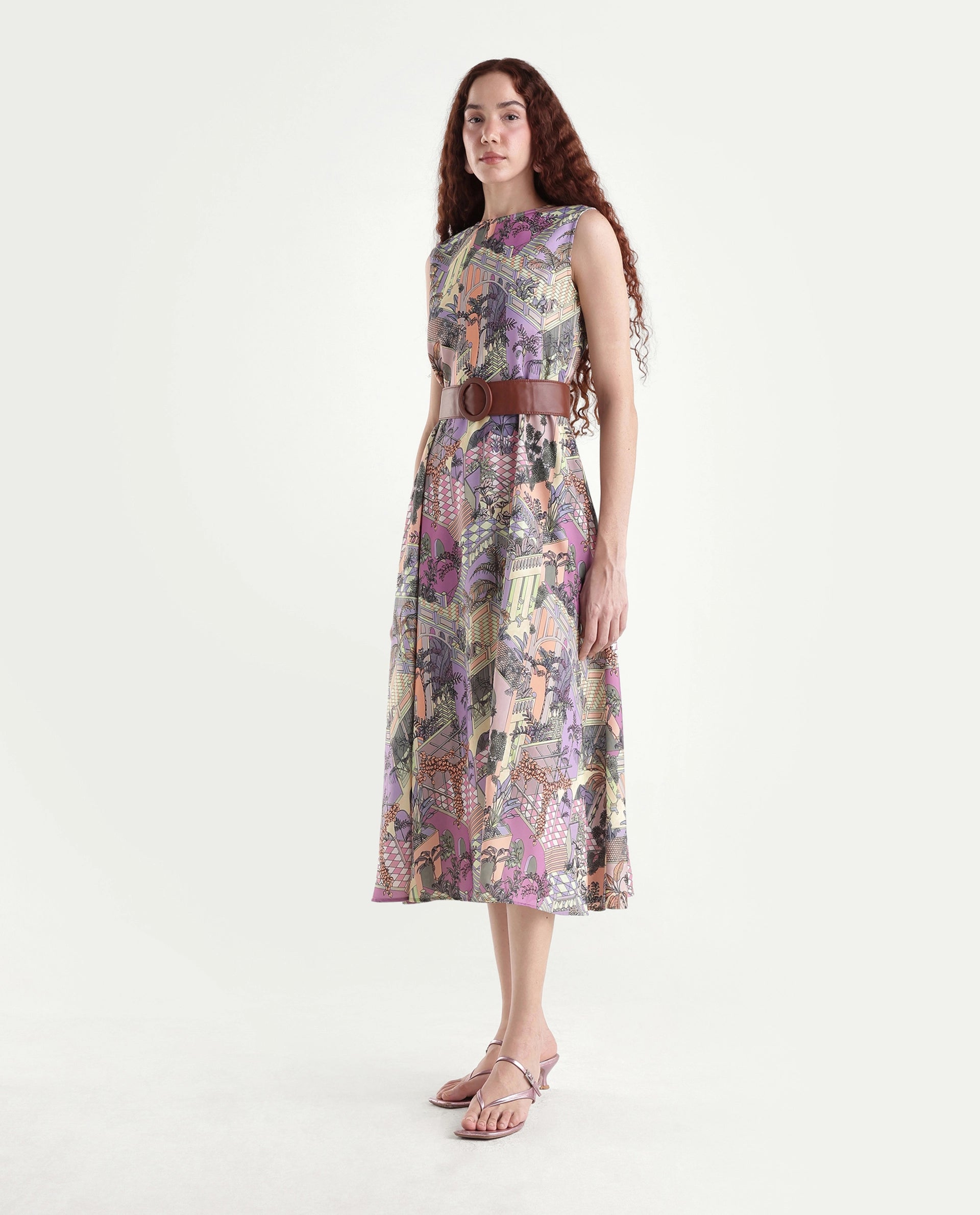 Rareism Women's Kaylee Multi Polyester Crew Neck Graphic Print Sleeveless Maxi Fit And Flare Dress