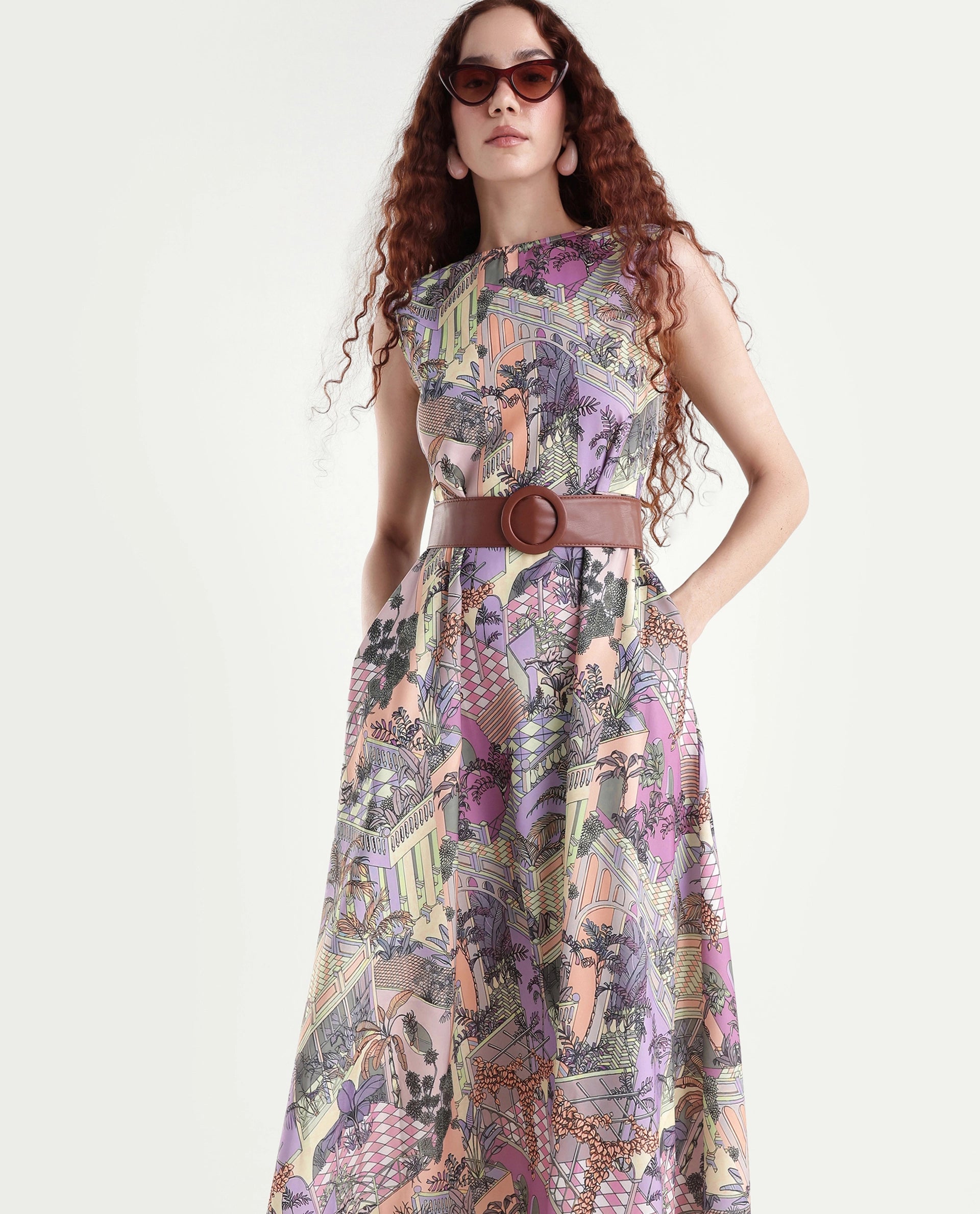 Rareism Women's Kaylee Multi Polyester Crew Neck Graphic Print Sleeveless Maxi Fit And Flare Dress