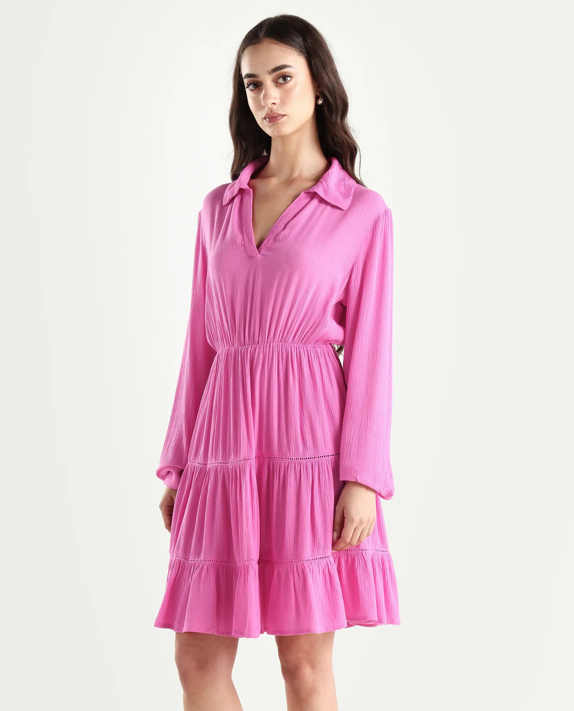 Rareism Women's Magner Pink Rayon Drop Collar Plain Mini Fit And Flare Dress