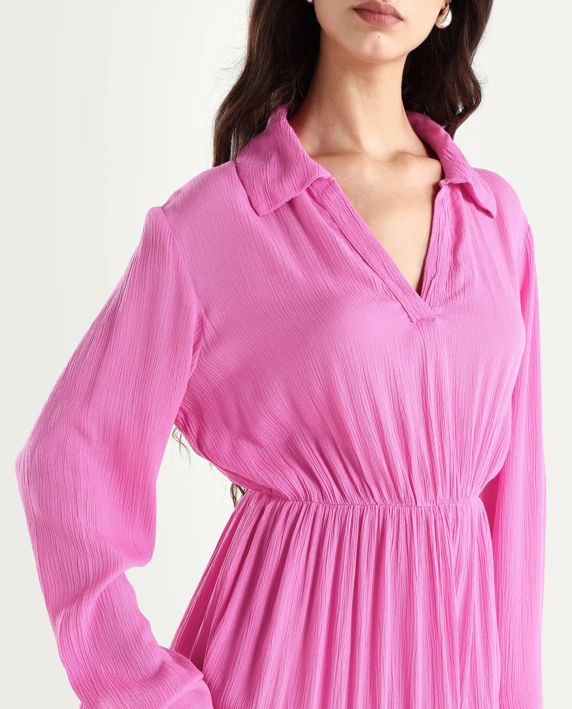 Rareism Women's Magner Pink Rayon Drop Collar Plain Mini Fit And Flare Dress