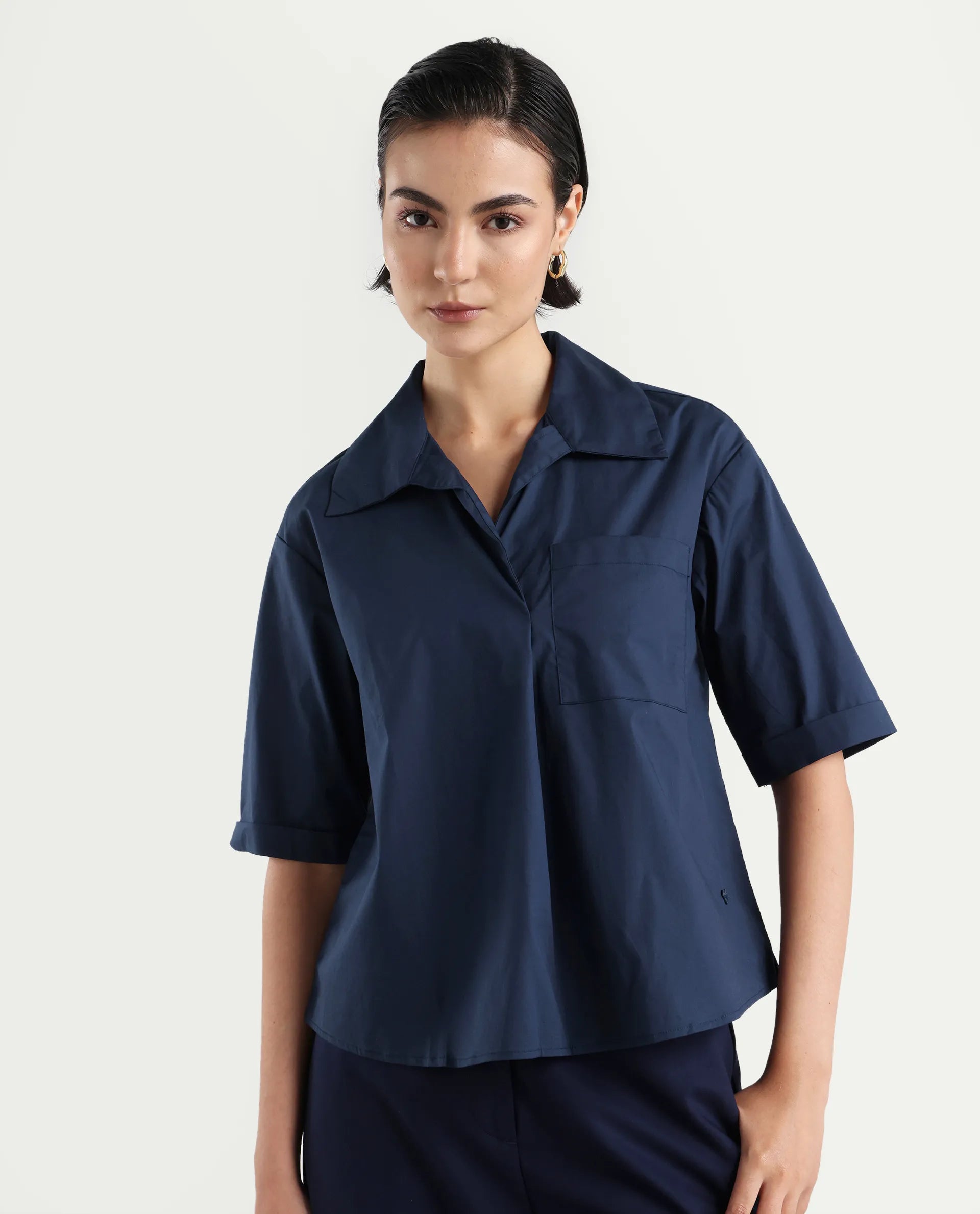 Rareism Women's Toefil Dark Navy Cotton Spread Collar Plain Regular Fit Shirt