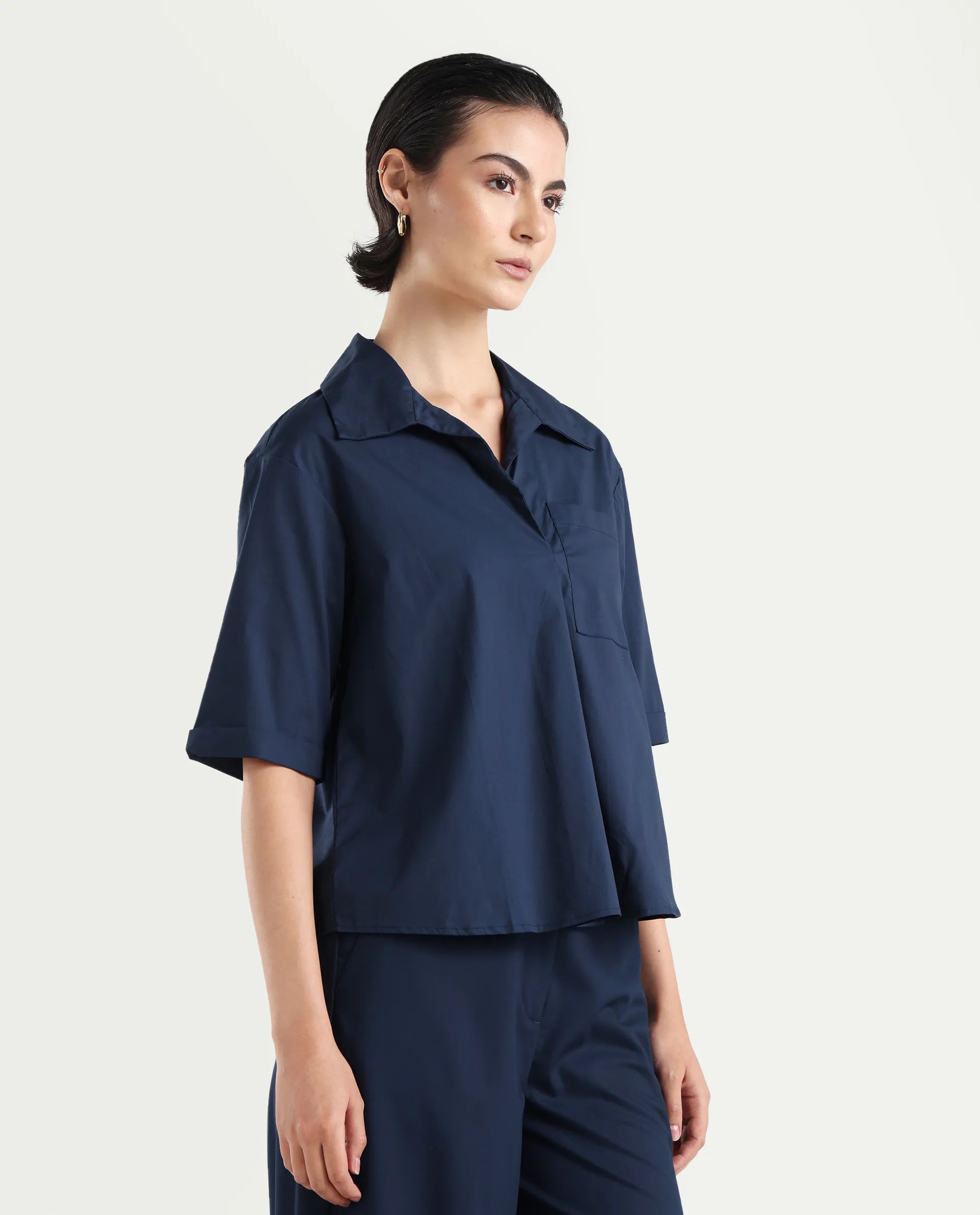 Rareism Women's Toefil Dark Navy Cotton Spread Collar Plain Regular Fit Shirt