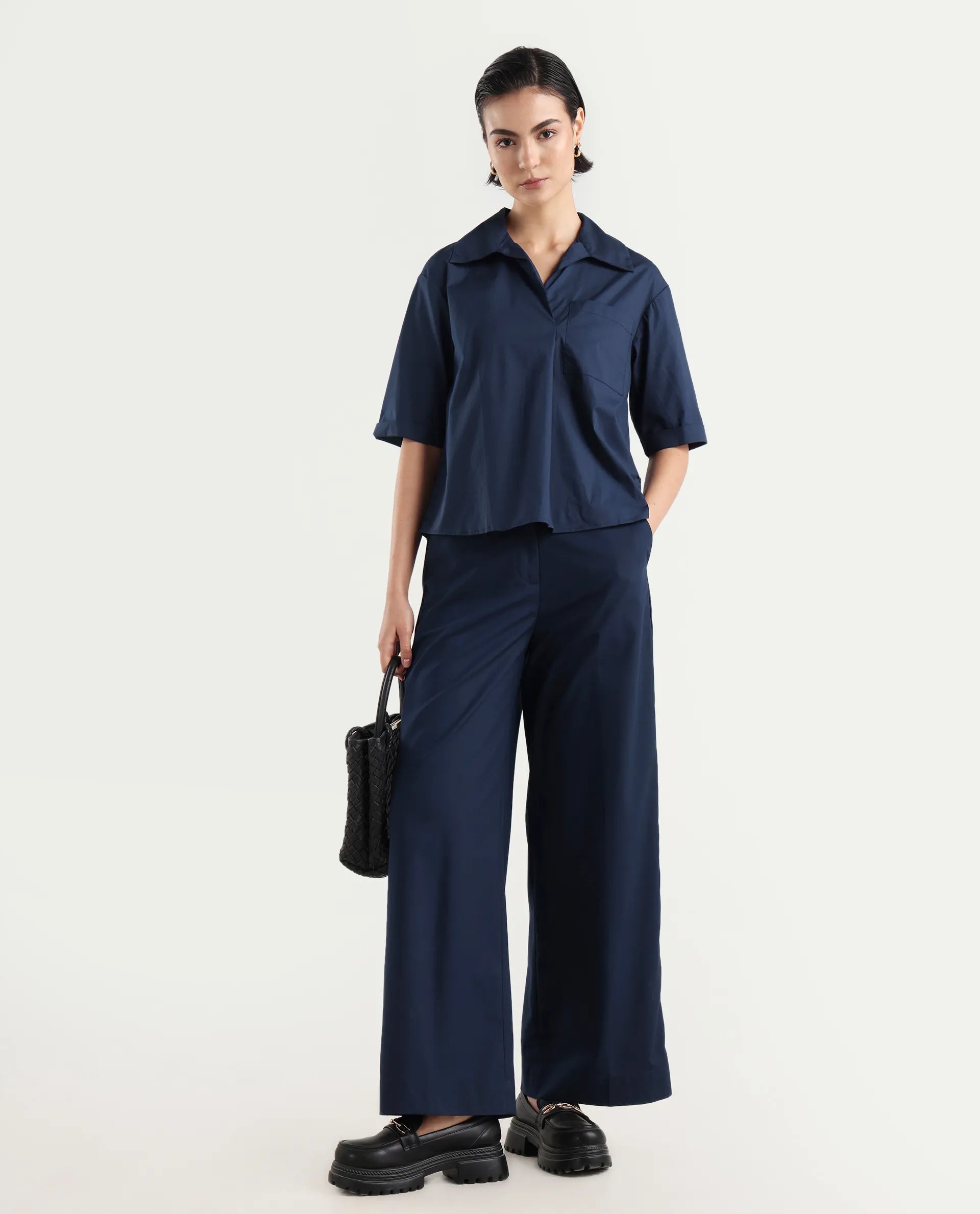 Rareism Women's Toefil Dark Navy Cotton Spread Collar Plain Regular Fit Shirt