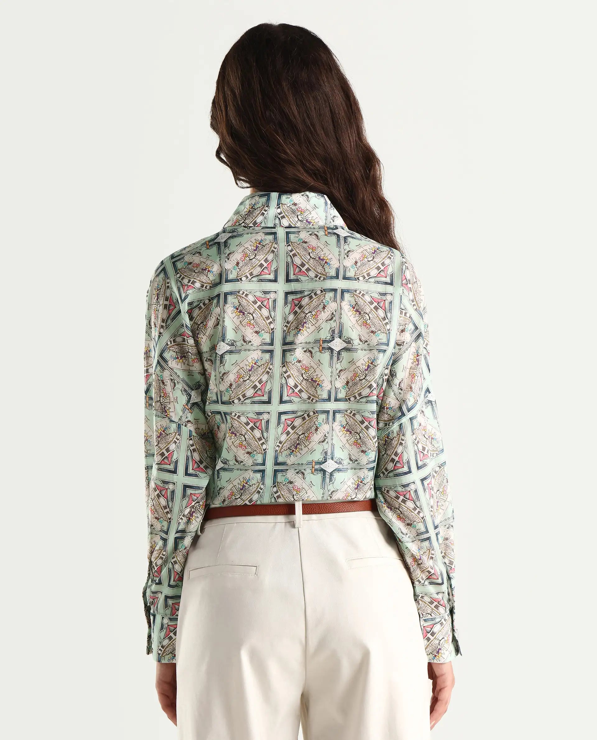 Rareism Women's Westwick Pastel Green Cotton Drop Collar Abstract Print Cuffed Sleeve Relaxed Fit Top