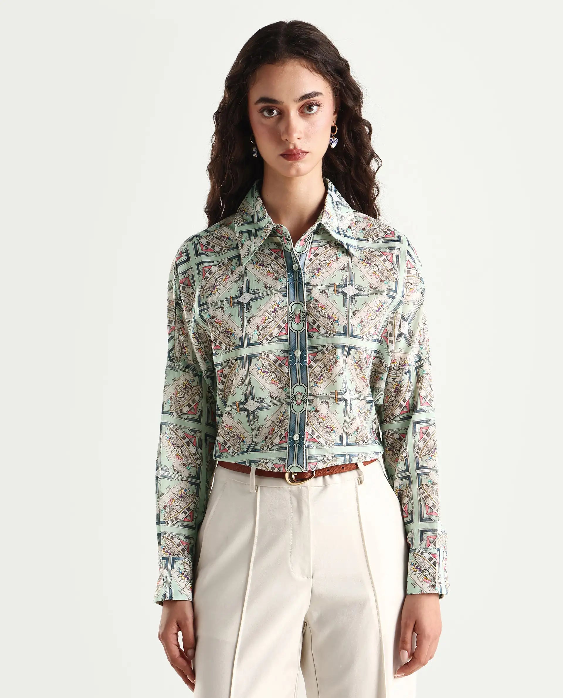Rareism Women's Westwick Pastel Green Cotton Drop Collar Abstract Print Cuffed Sleeve Relaxed Fit Top