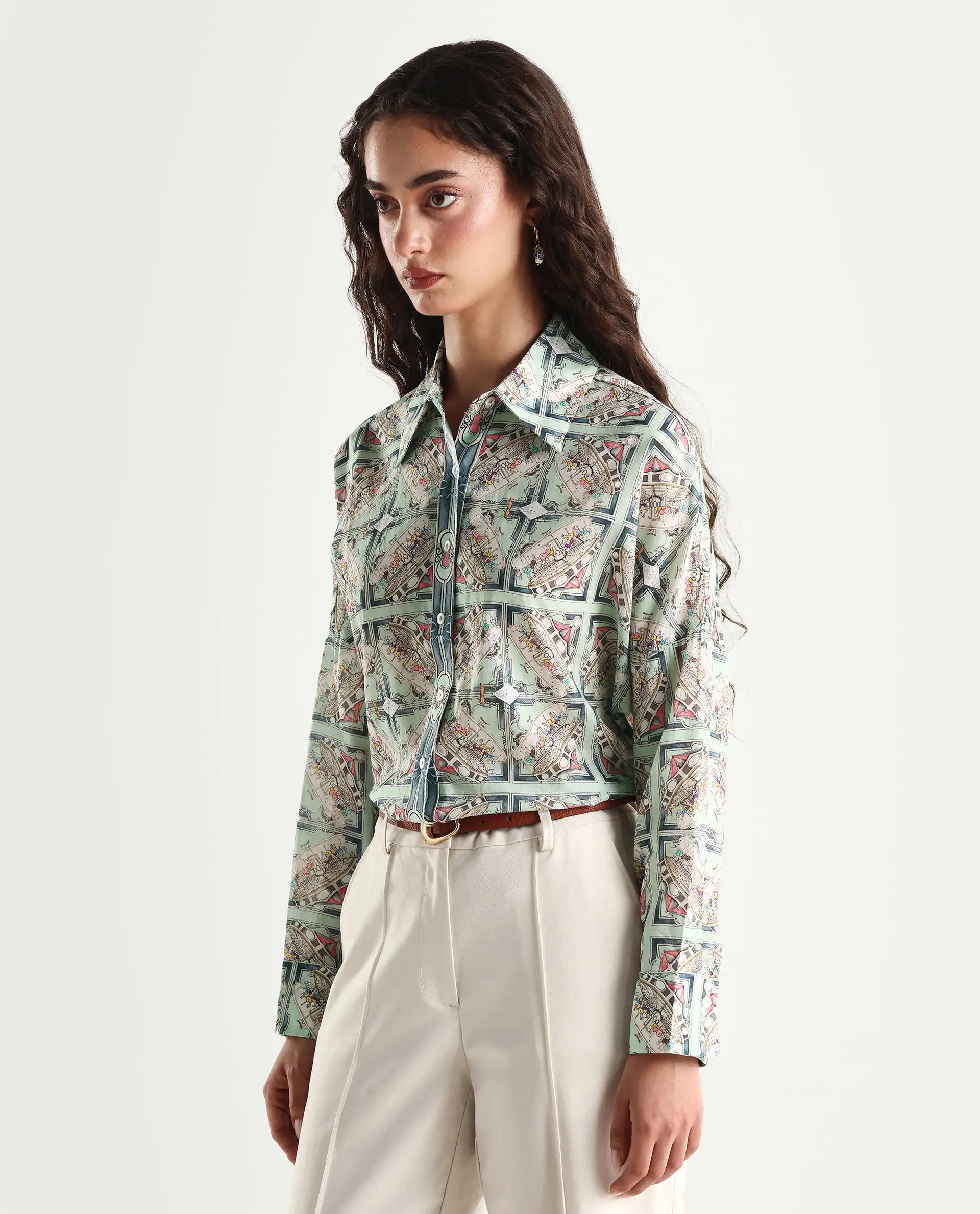 Rareism Women's Westwick Pastel Green Cotton Drop Collar Abstract Print Cuffed Sleeve Relaxed Fit Top