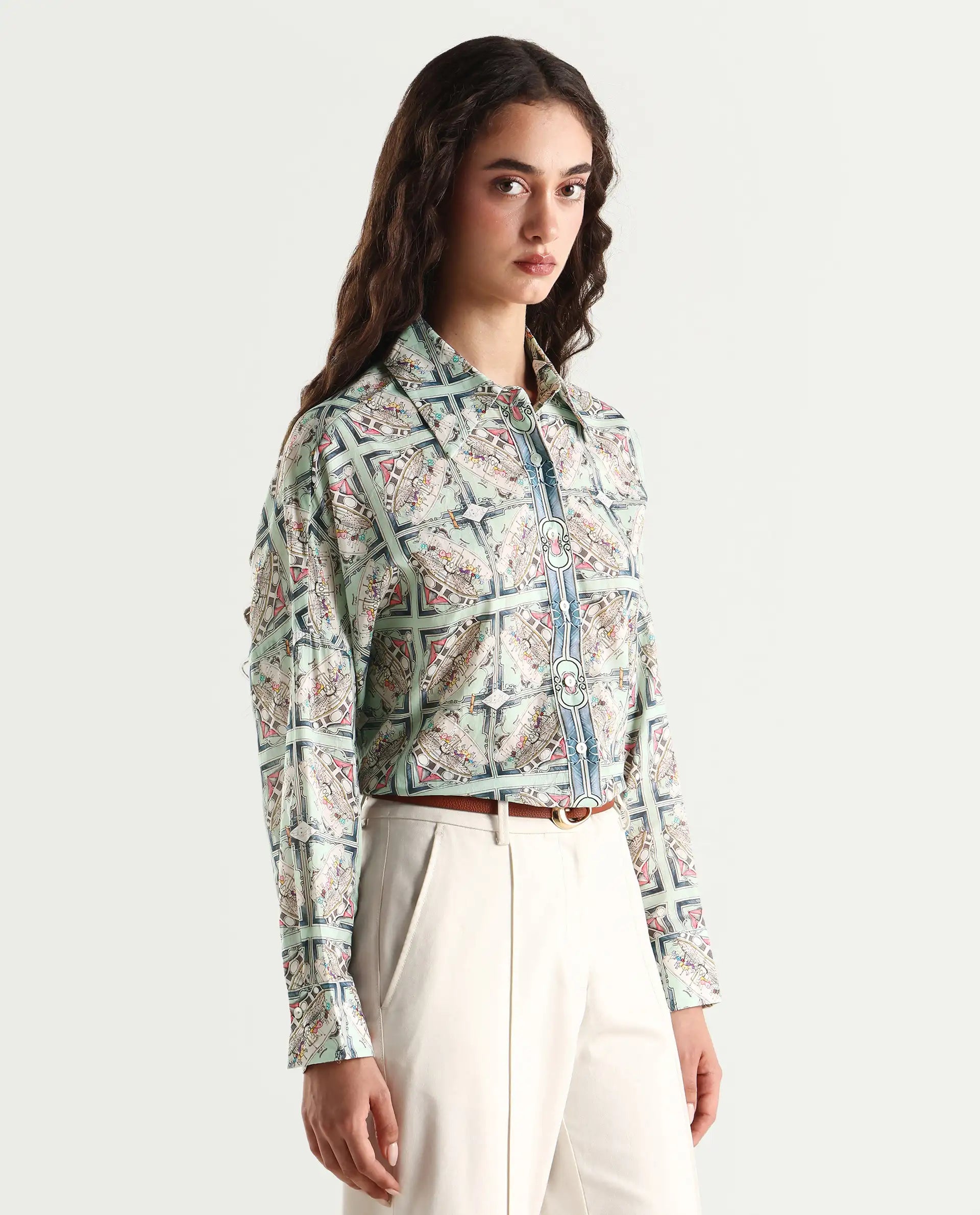 Rareism Women's Westwick Pastel Green Cotton Drop Collar Abstract Print Cuffed Sleeve Relaxed Fit Top