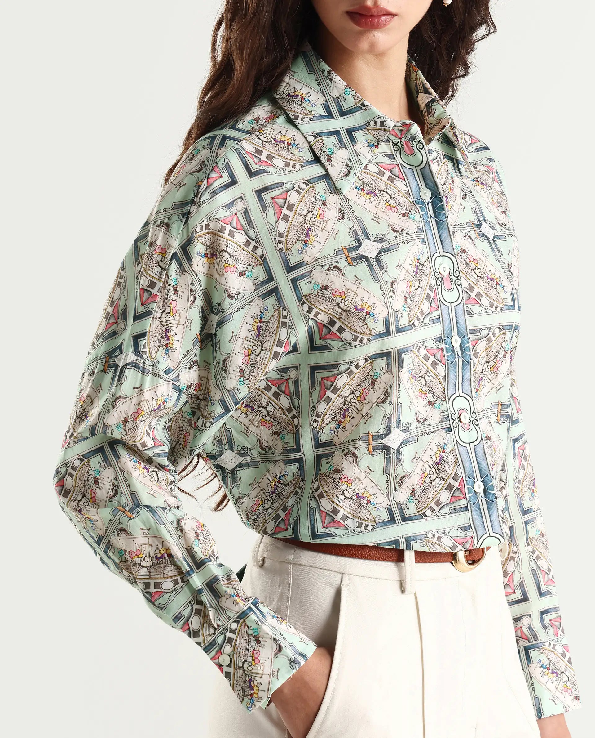Rareism Women's Westwick Pastel Green Cotton Drop Collar Abstract Print Cuffed Sleeve Relaxed Fit Top