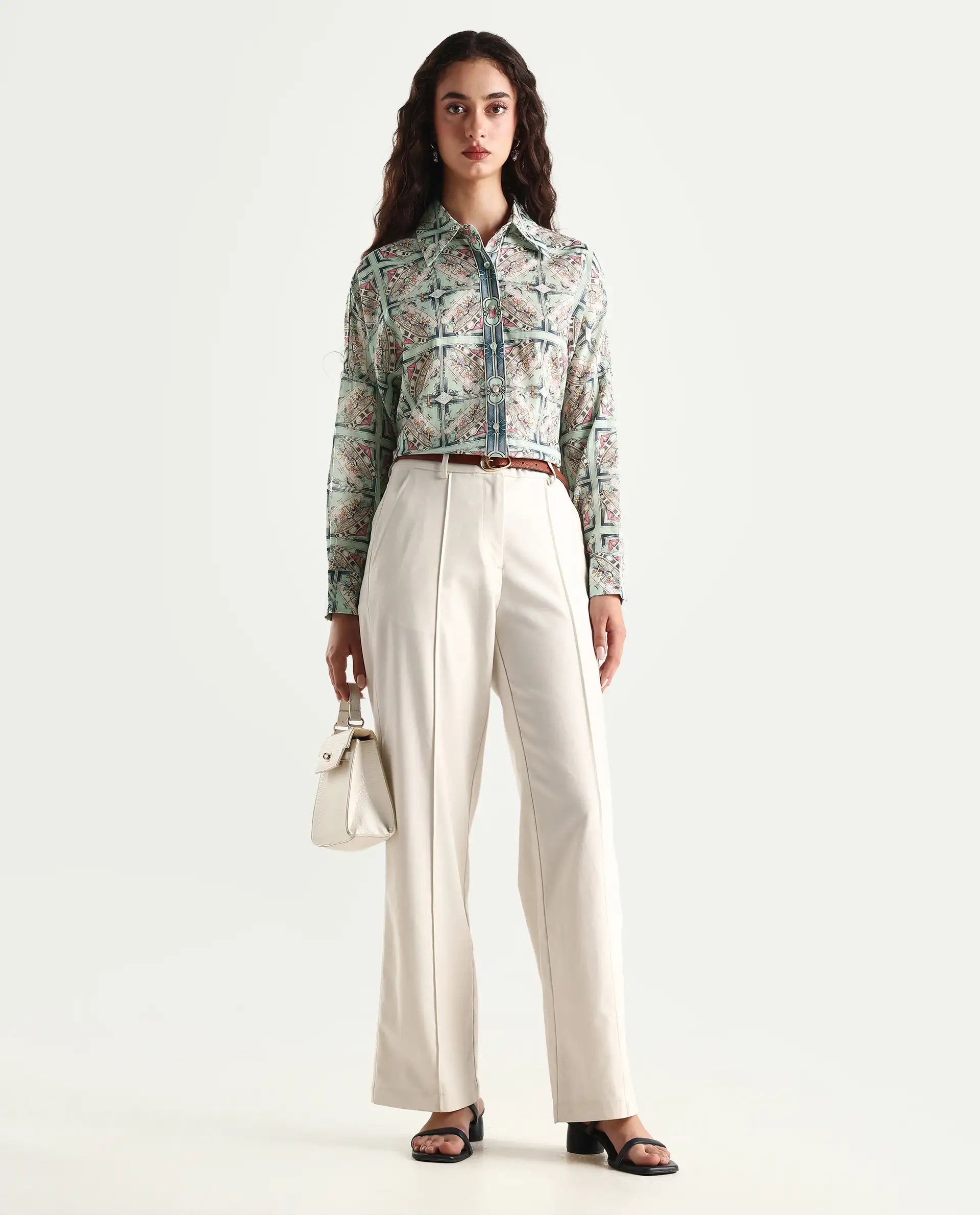 Rareism Women's Westwick Pastel Green Cotton Drop Collar Abstract Print Cuffed Sleeve Relaxed Fit Top