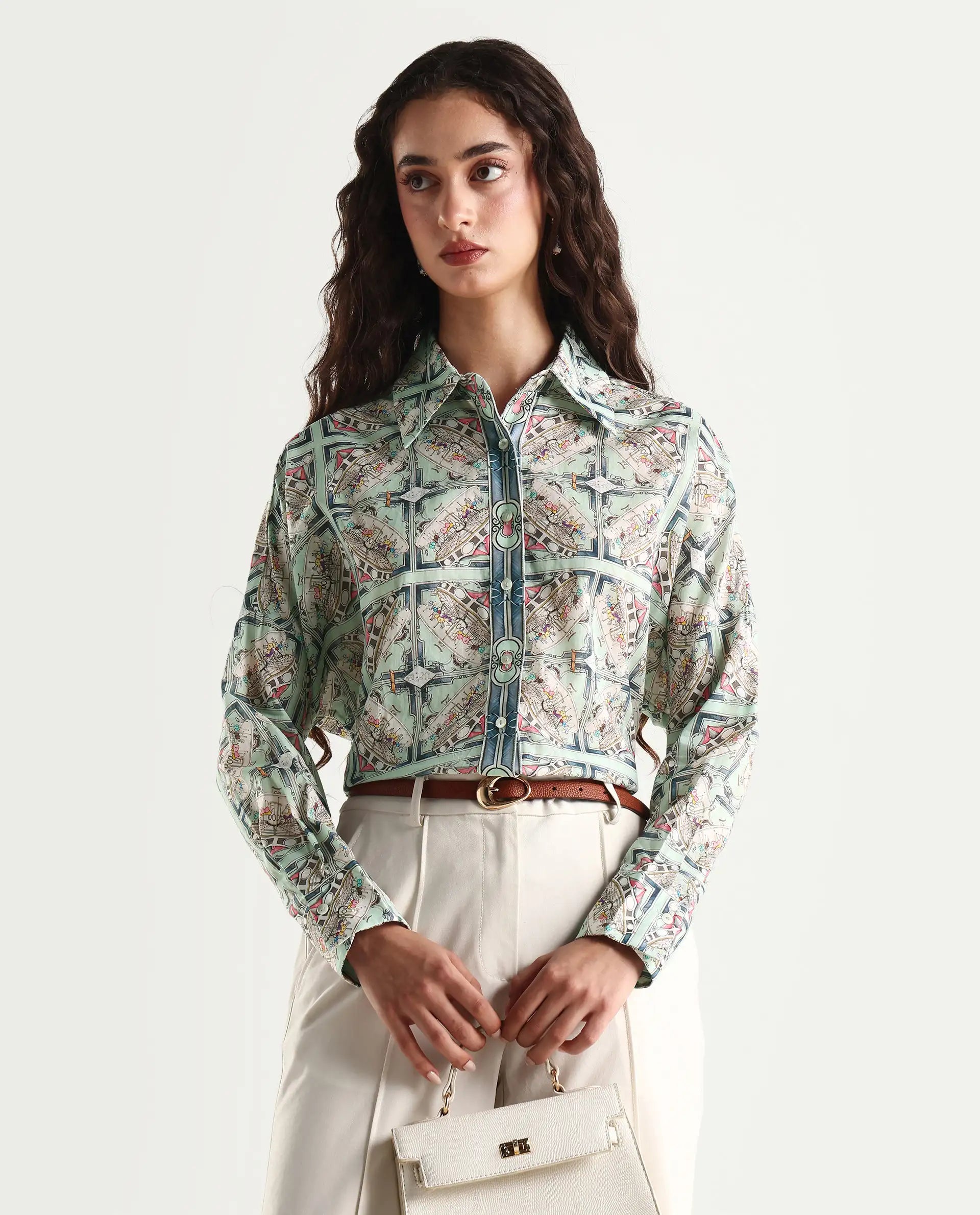 Rareism Women's Westwick Pastel Green Cotton Drop Collar Abstract Print Cuffed Sleeve Relaxed Fit Top