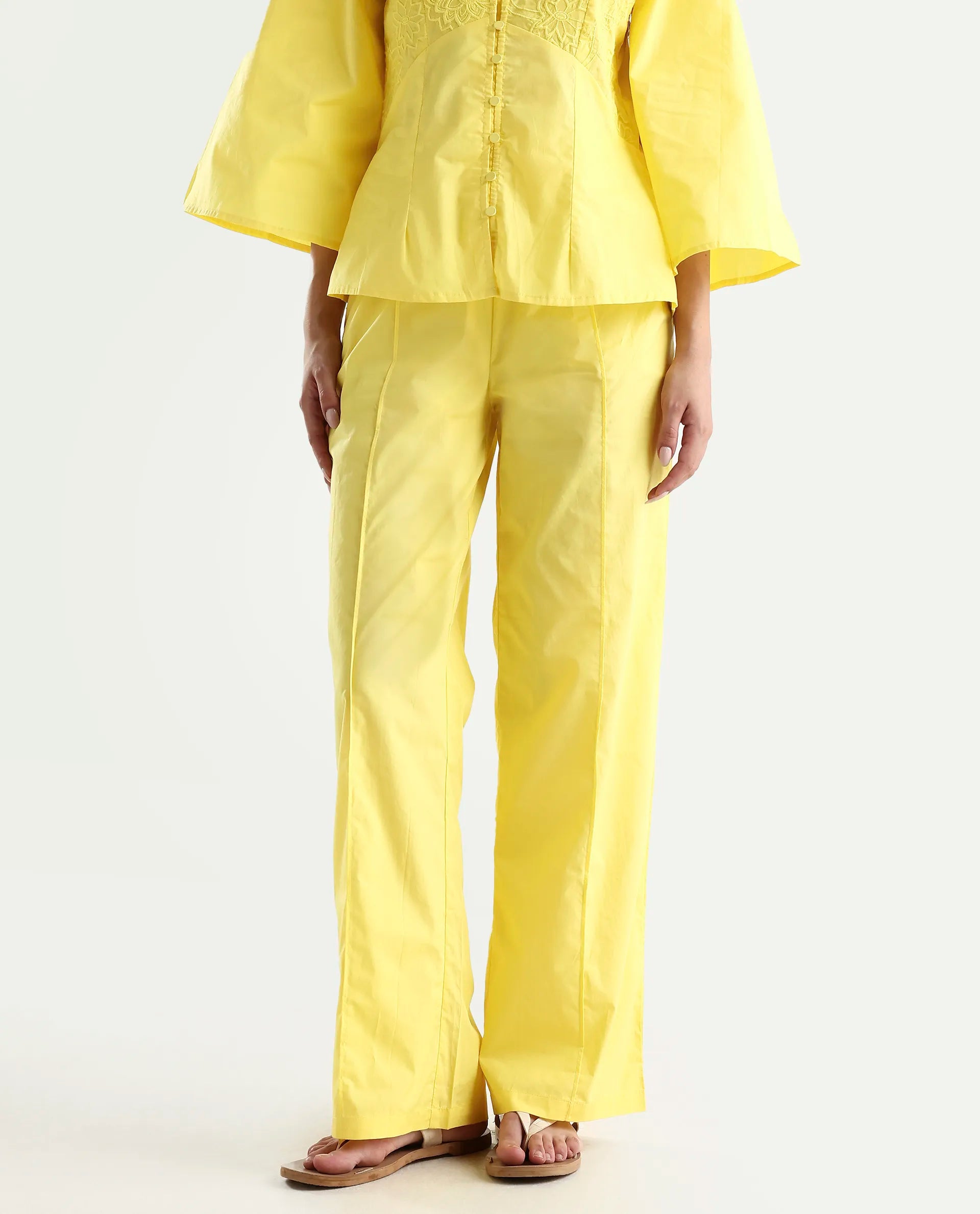 Rareism Women's Badgle-B Pastel Yellow Cotton Plain Ankle Length Straight Fit Trouser